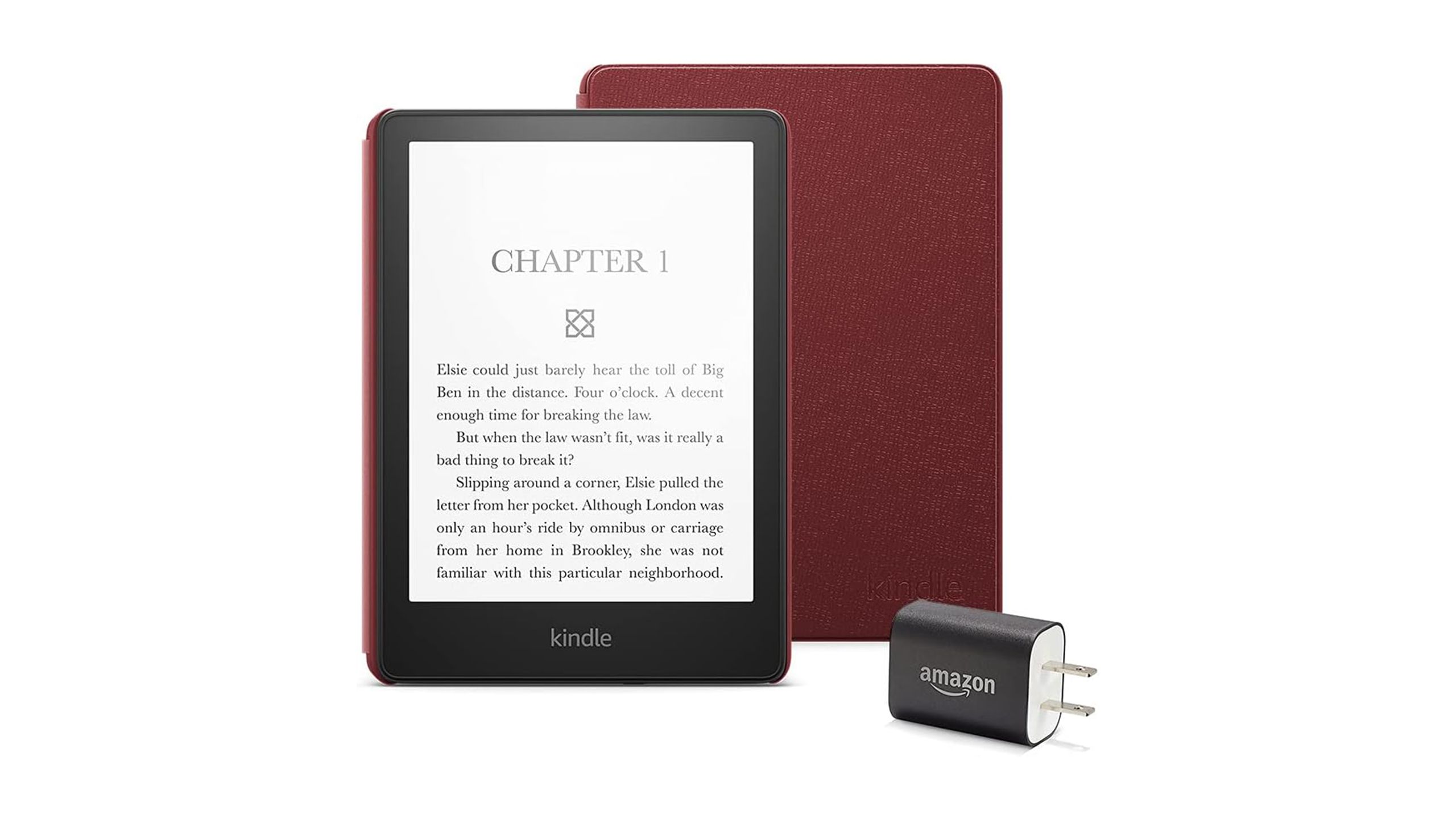 Amazon Kindle Paperwhite Essentials bunble with Merlot leather cover on white background