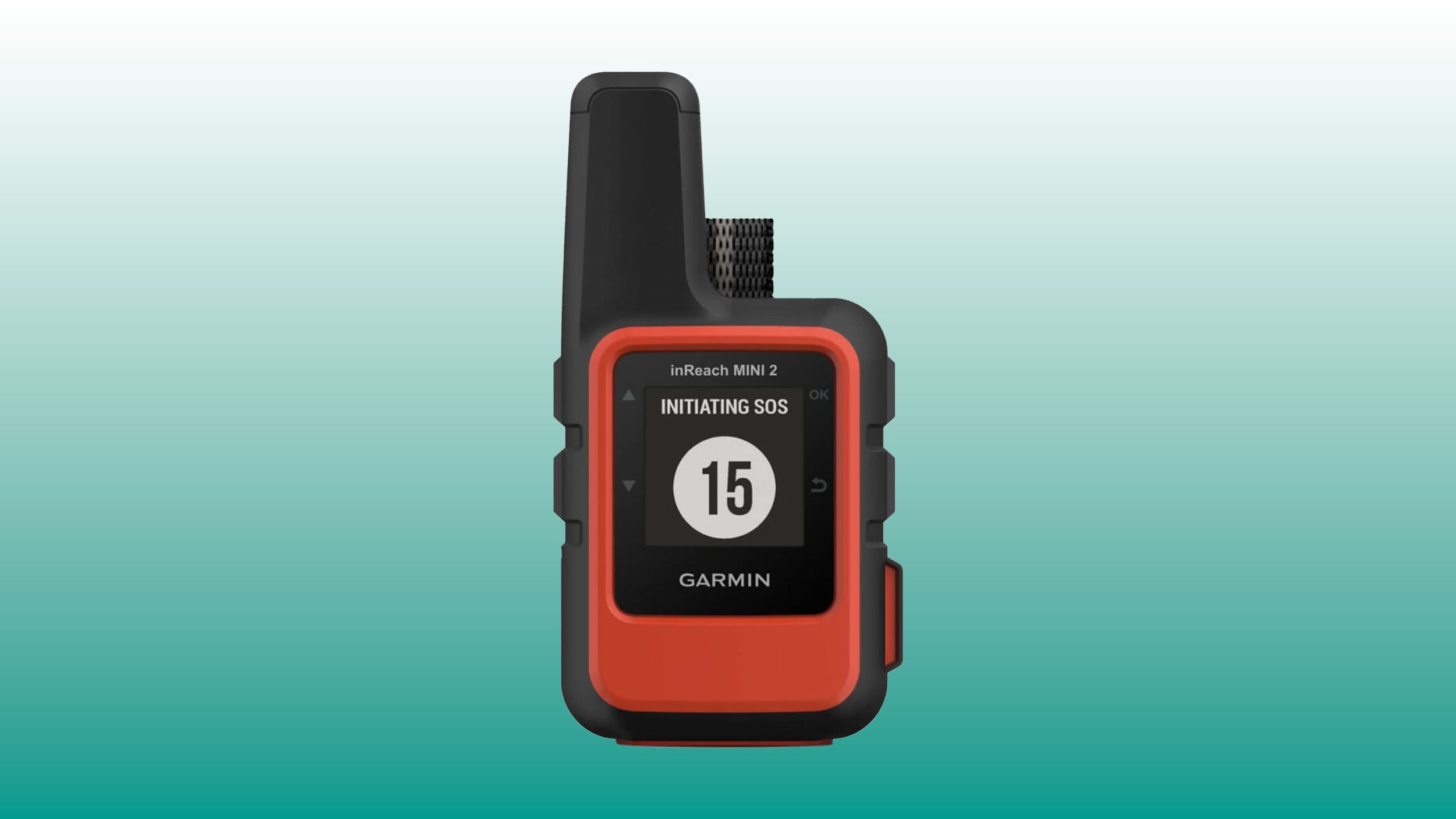 The Garmin inReach Mini 2 is placed against a teal gradient. 