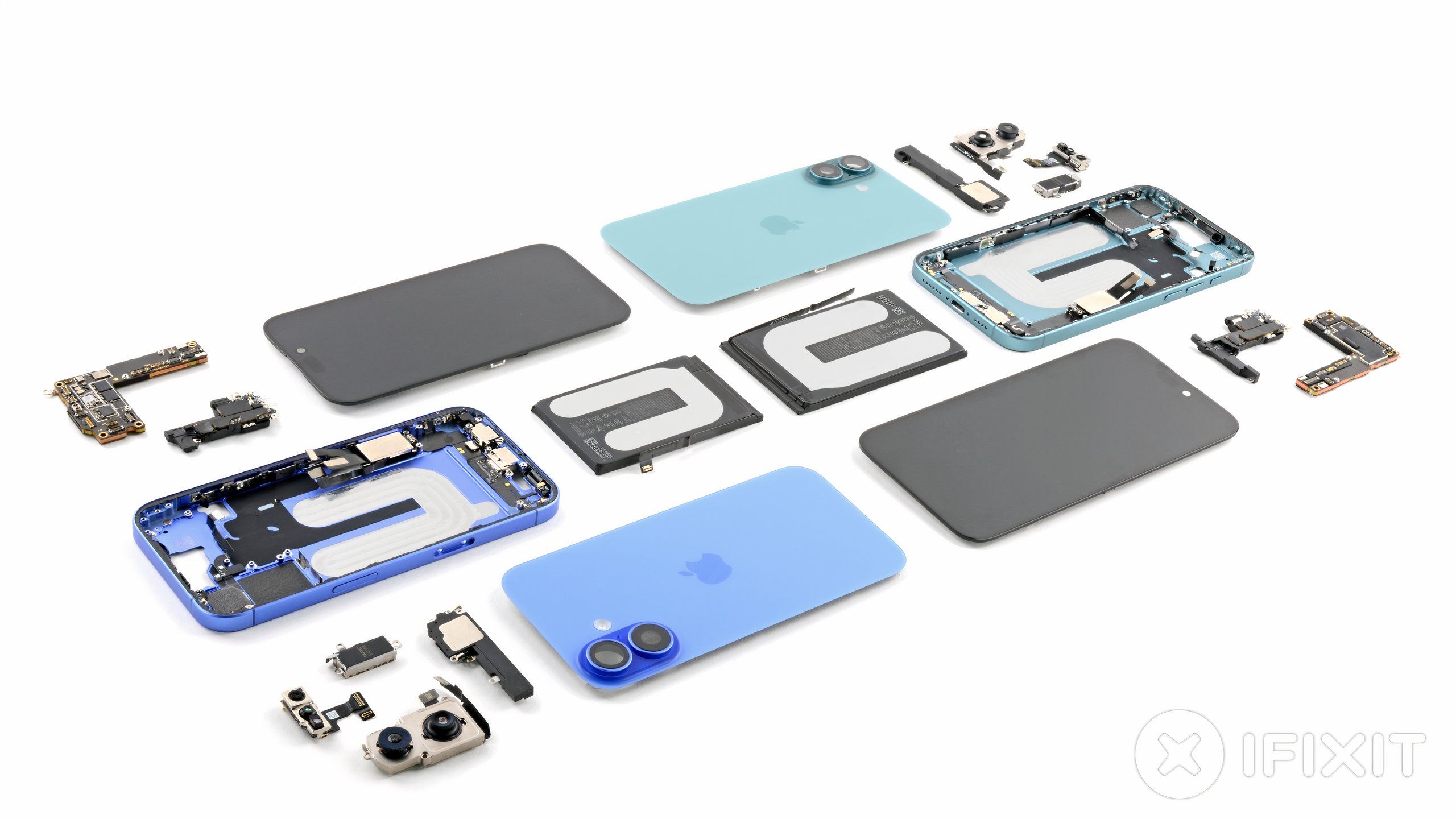 A selection of spread out parts from the iPhone 16.