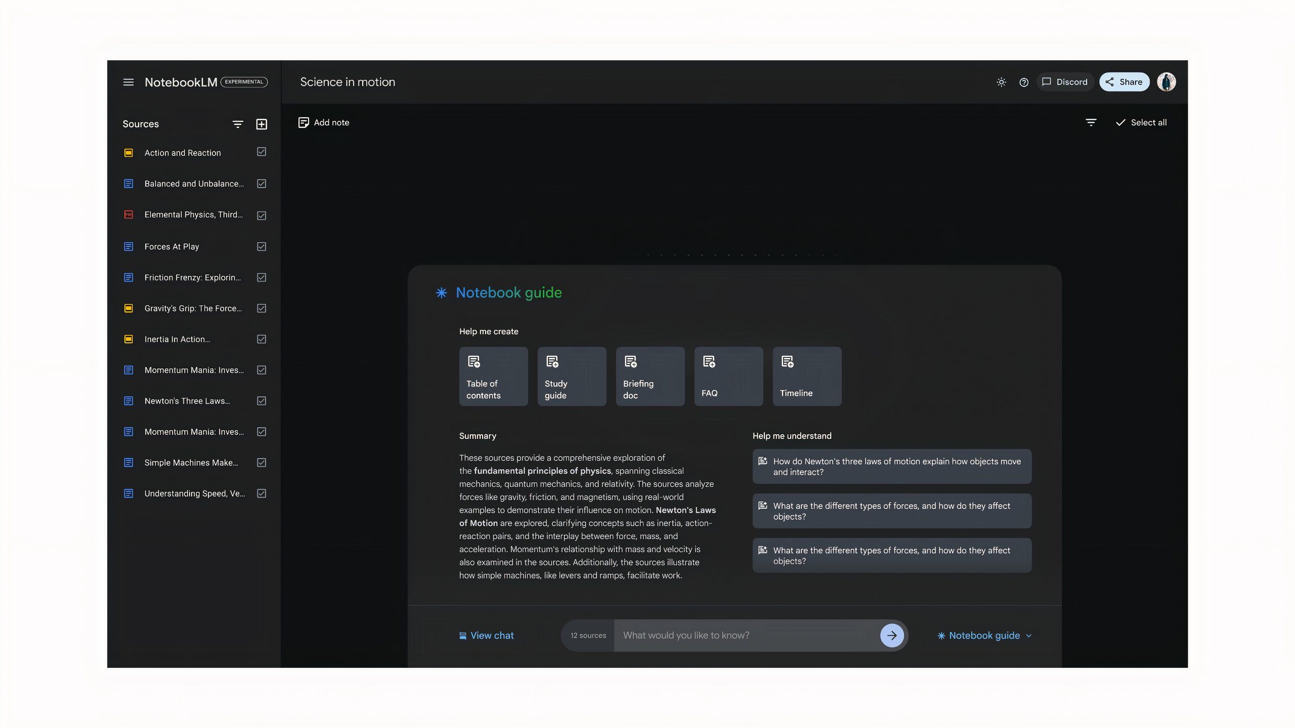 The main screen of NotebookLM with sources viewable on the left and the Notebook Guide in the center.