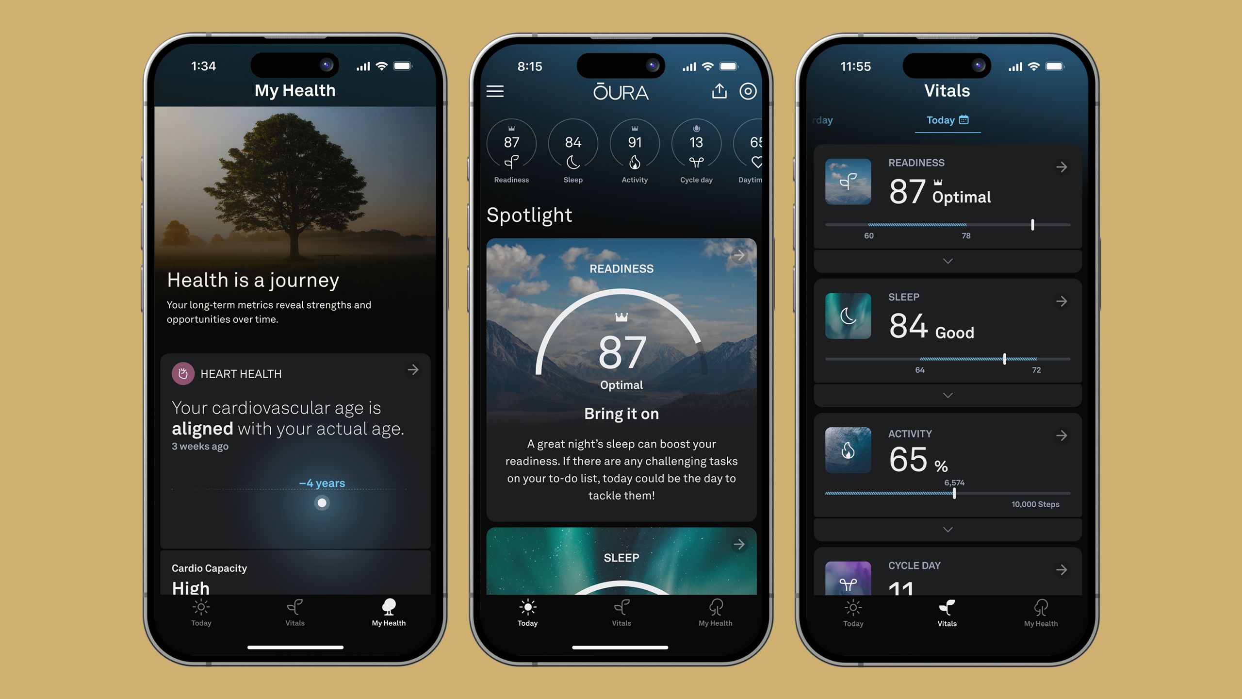Three phones with the Oura app float above a tan background. 