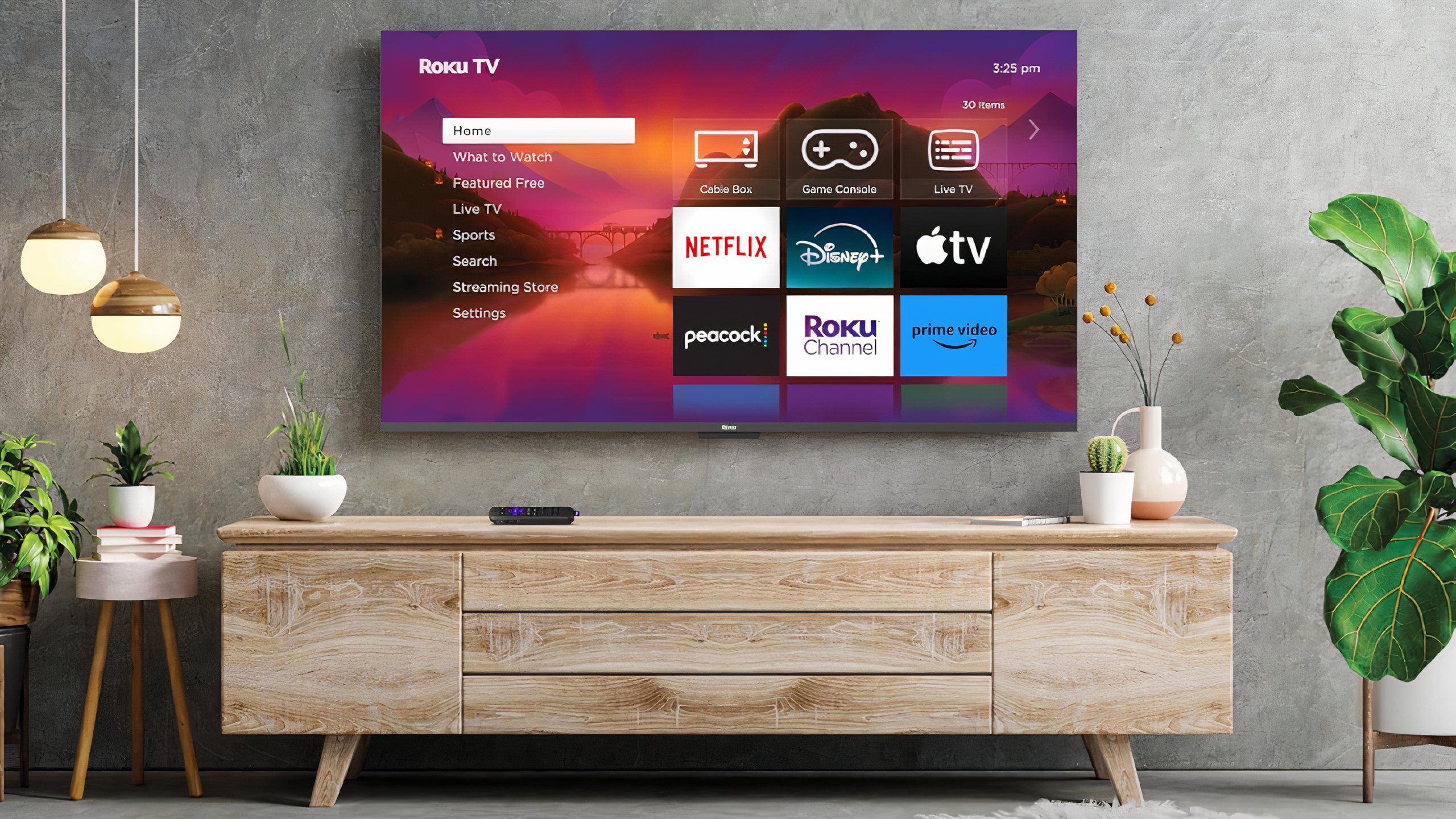 A Roku TV mounted in a living room.