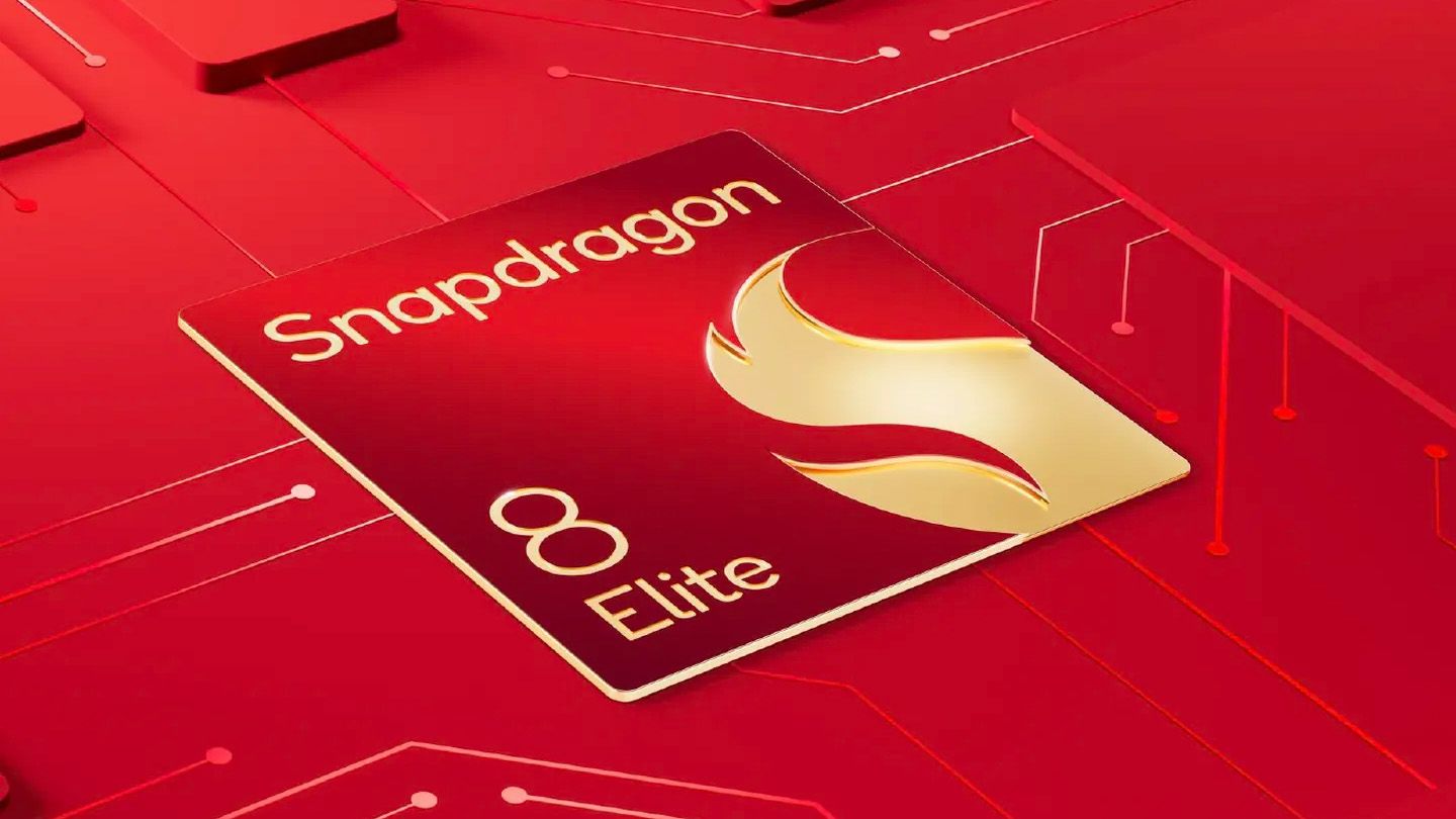 The Snapdragon elite 8 chip against a red computer background. 