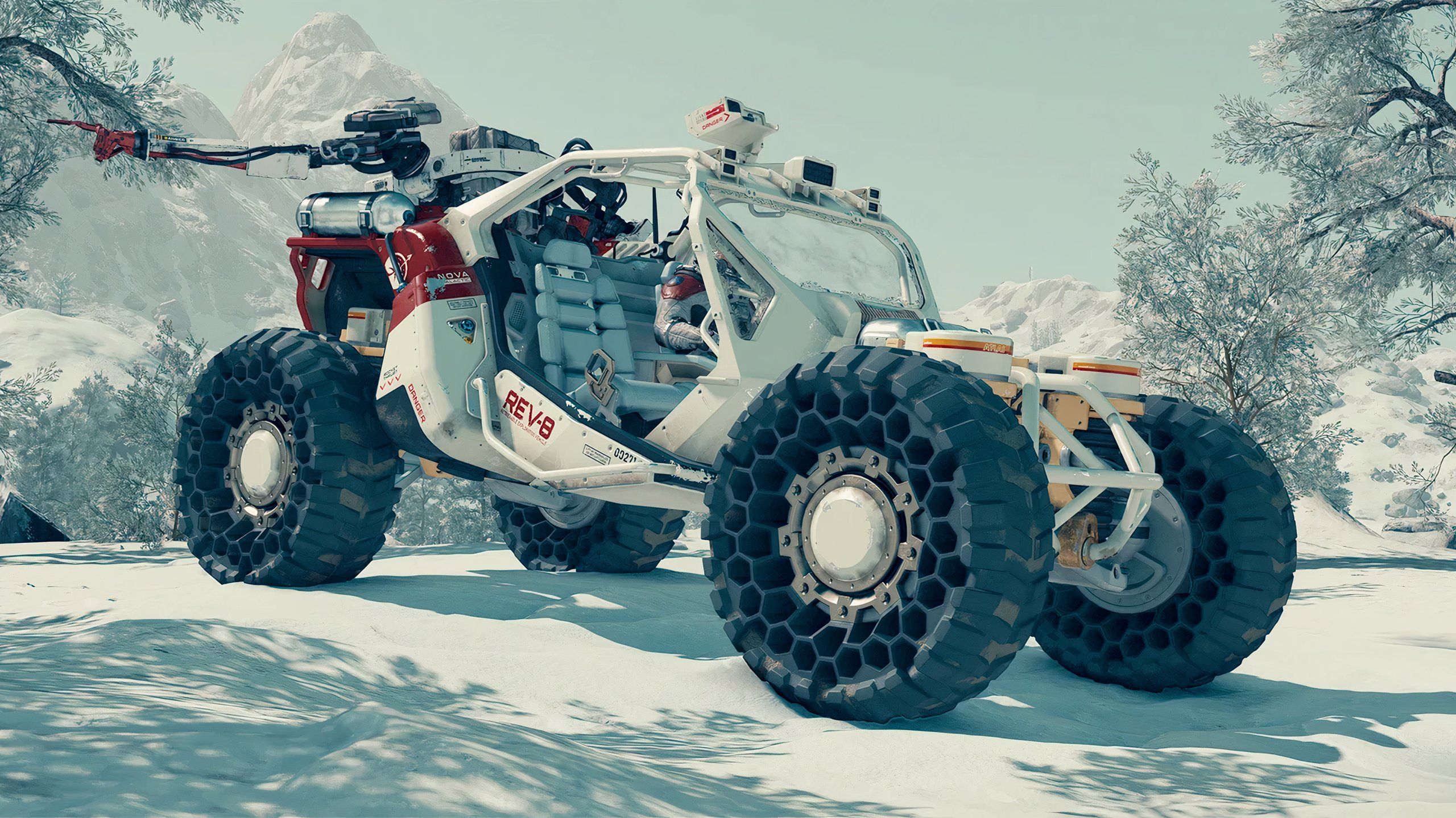 A sort of dune buggy on a wintery planet. 