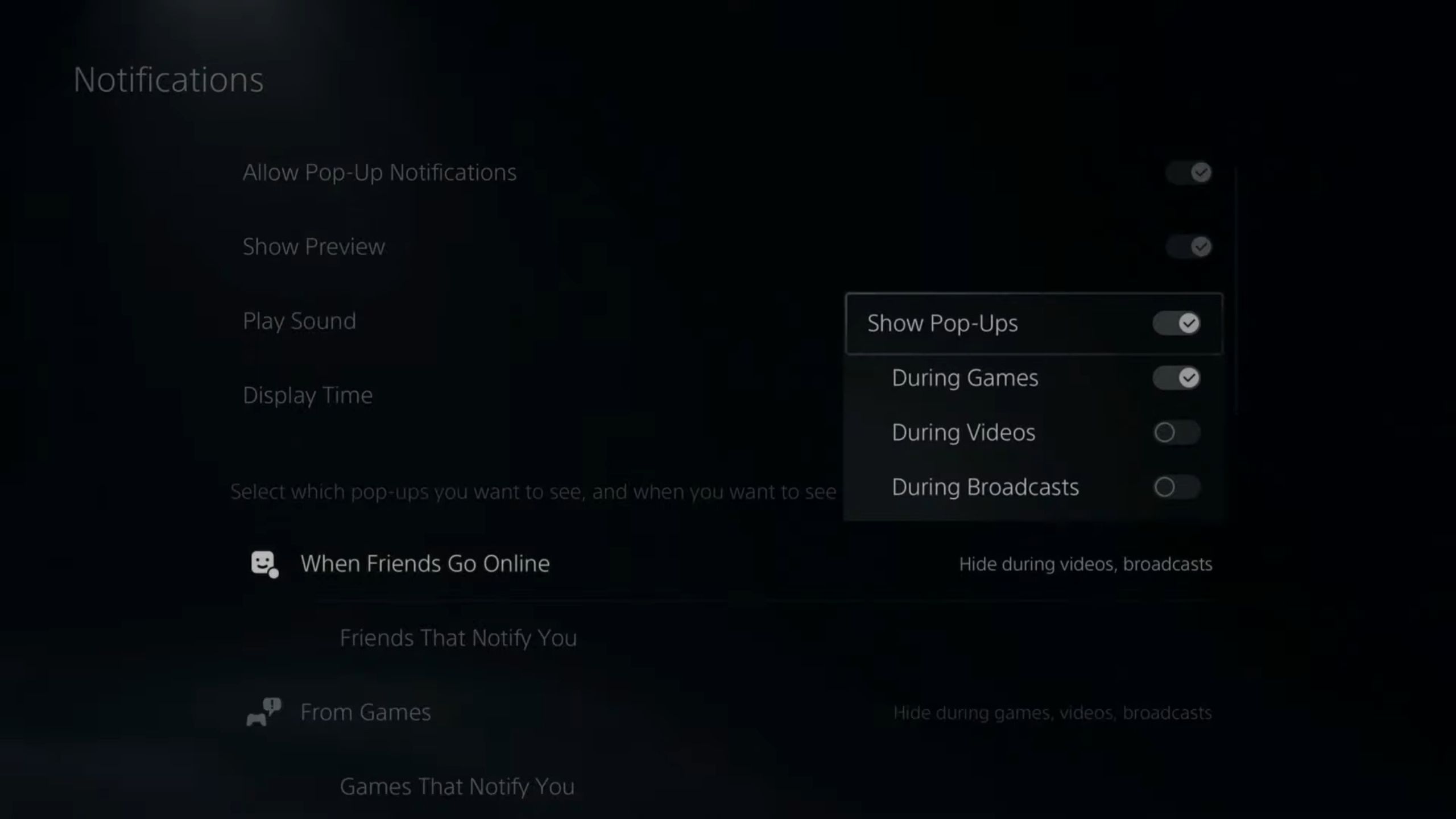 The PS5 settings screen