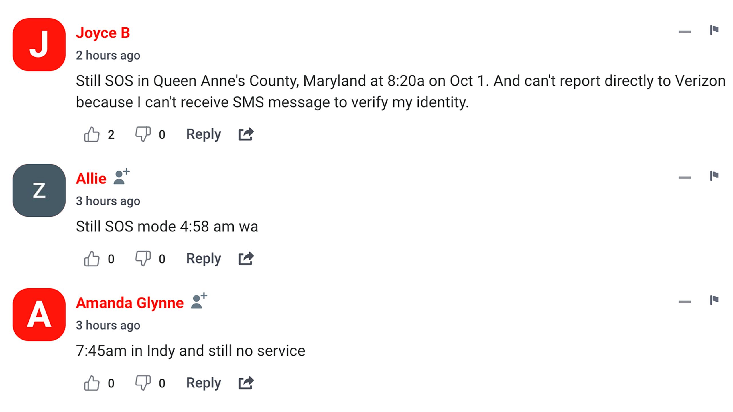 Comments on a website with names in red text and complaints in black text reference the Verizon outage. 