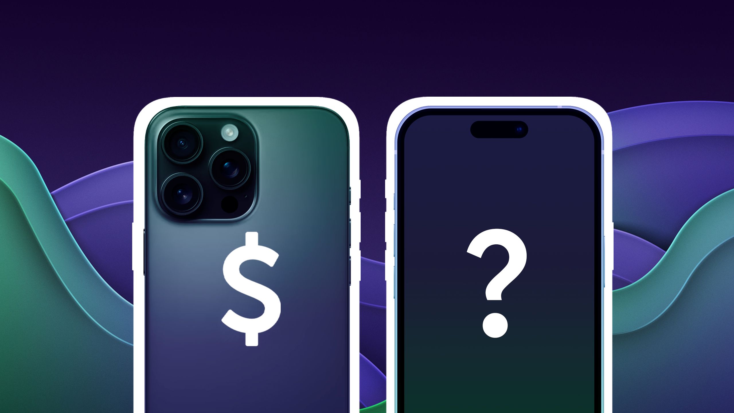 Two iPhones side by side with a dollar and a question mark on each. 