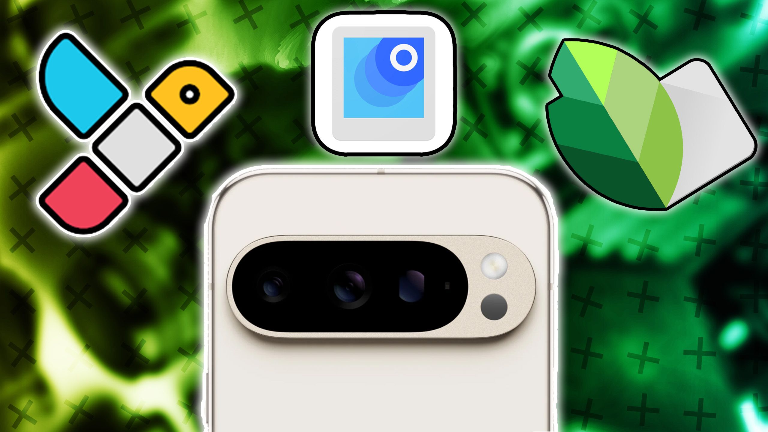 An Android phone and several app icons surrounding it. 