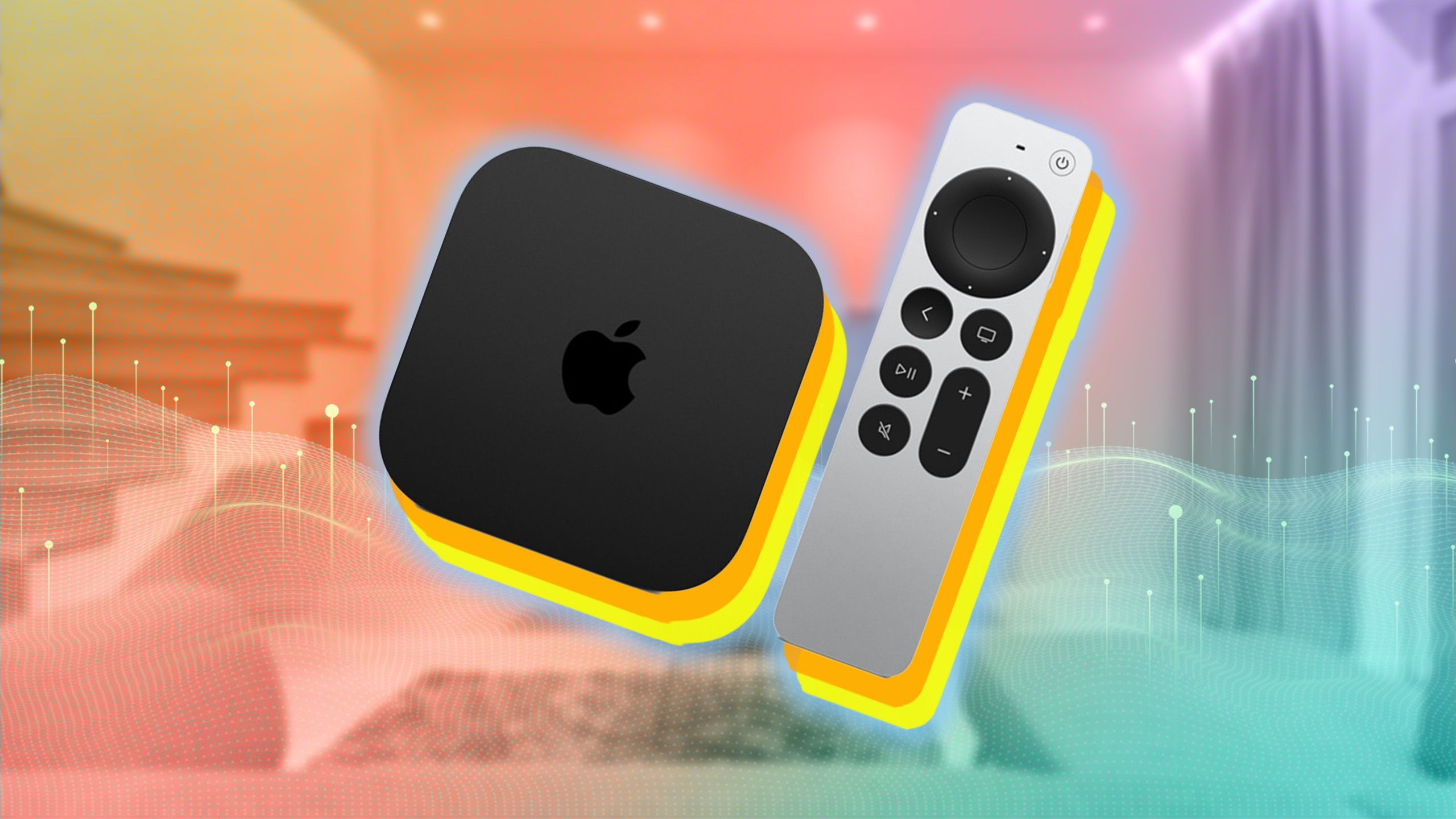 An Apple TV and remote side by side. 