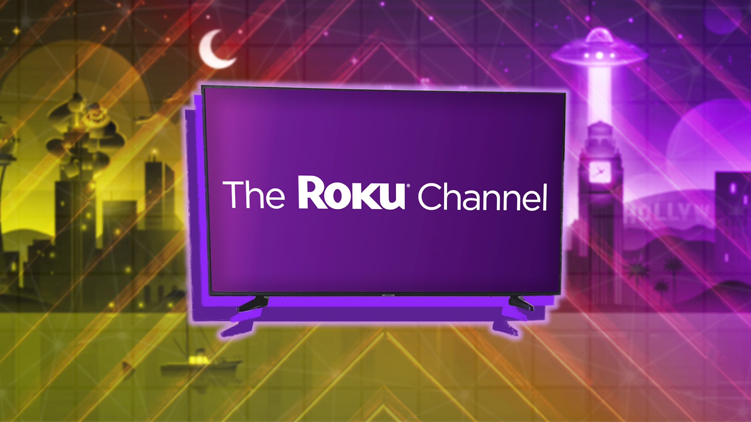 Roku Channel on a TV in front of Roku City. 