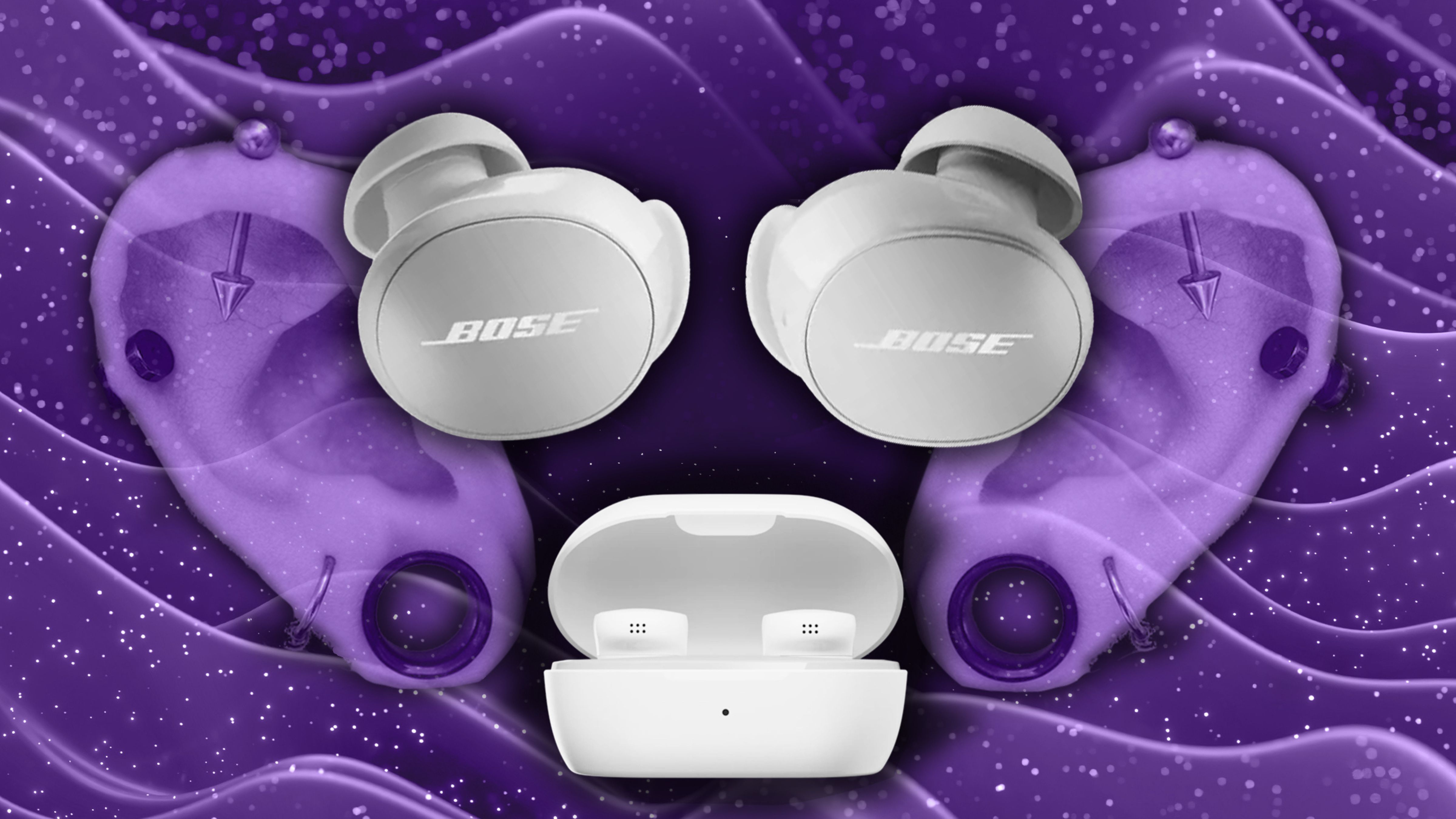 Bose new QuietComfort Earbuds in front of ears with piercings. 