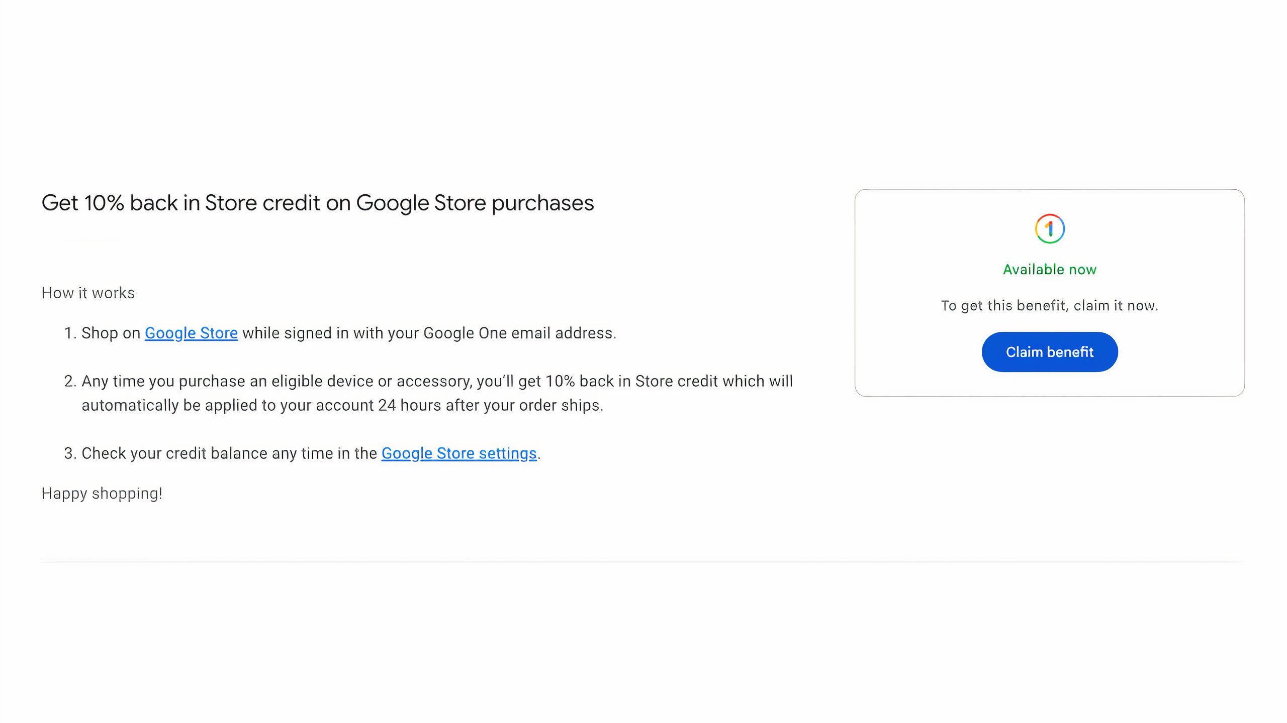 Google's description of the 10% cashback deal you can get in the Google Store as a Google One subscriber.