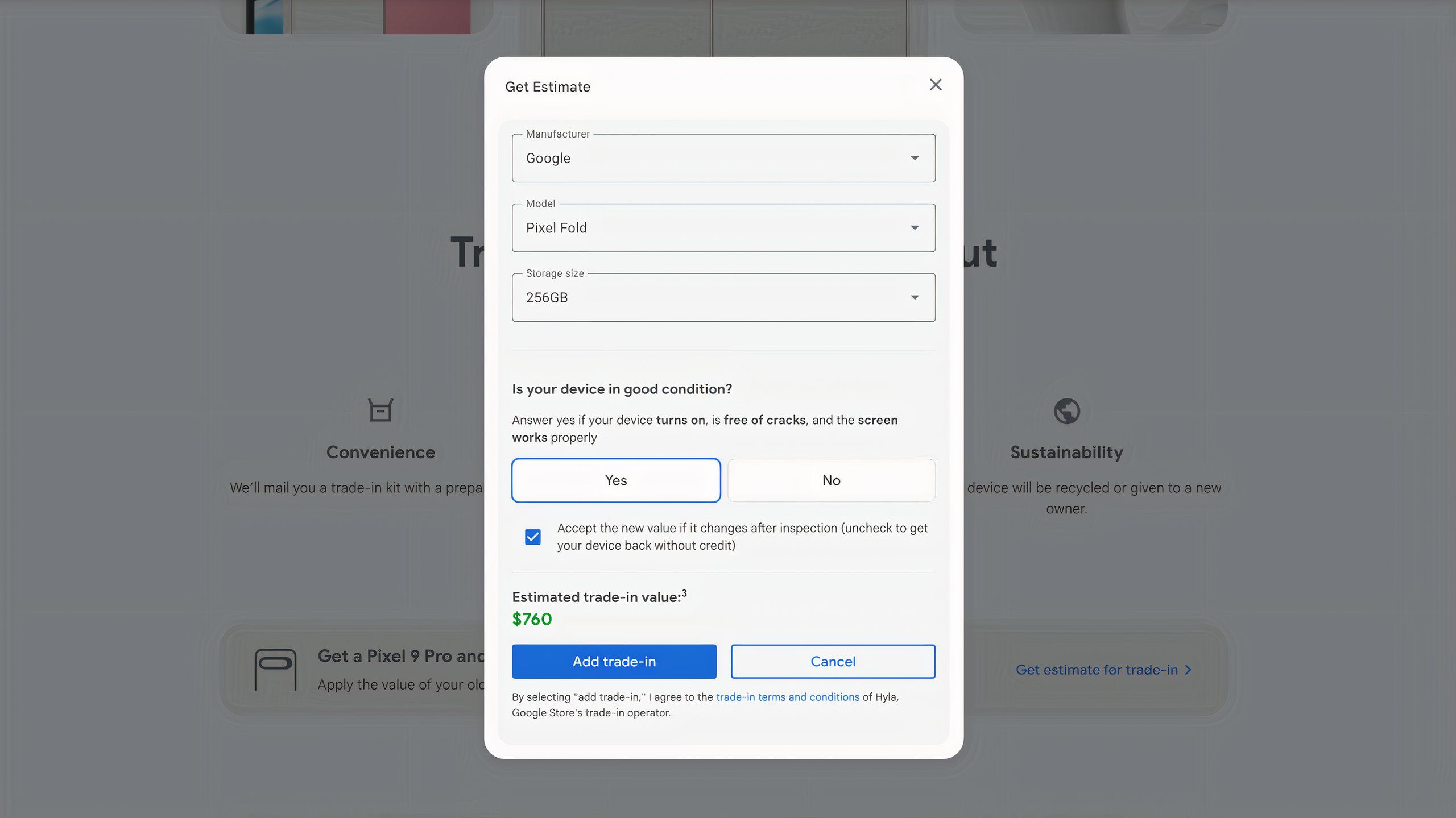 The trade-in estimate tool in the Google Store.