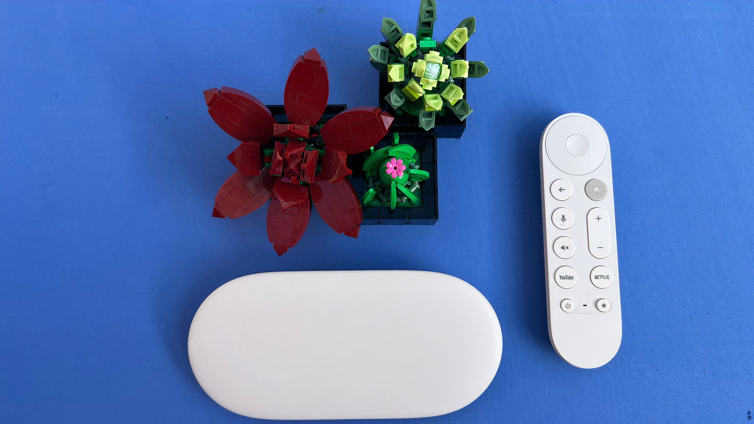 Google TV Streamer plus remote next to LEGO succulents