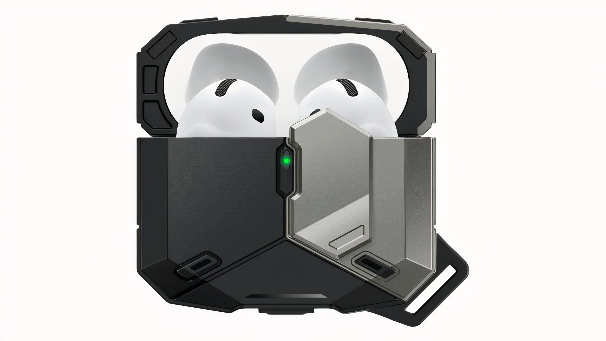 An airPods 4 case wrapped in a robotic polycarbonate case with a metal accent.