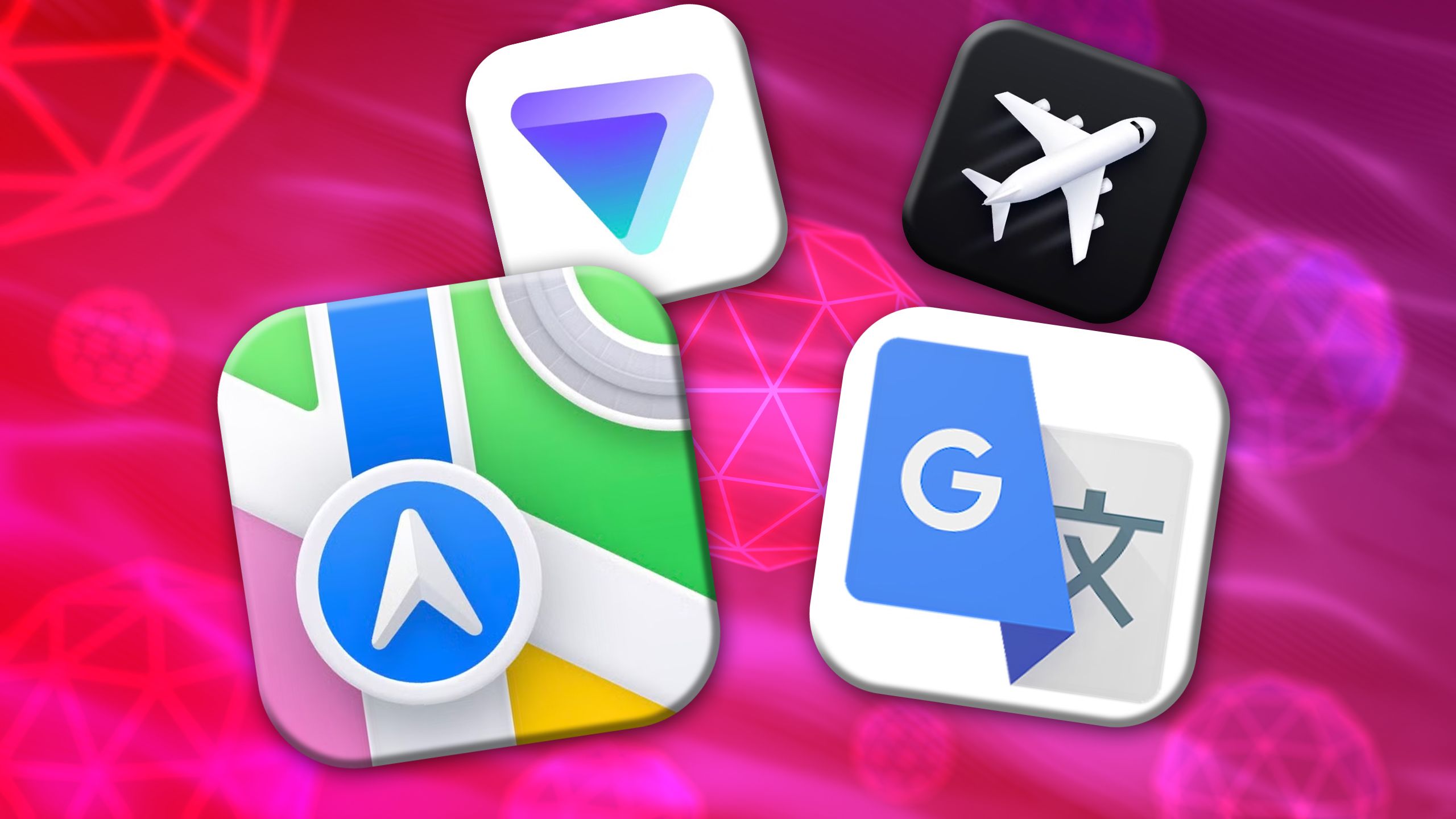 Several app icons on a pink background. 