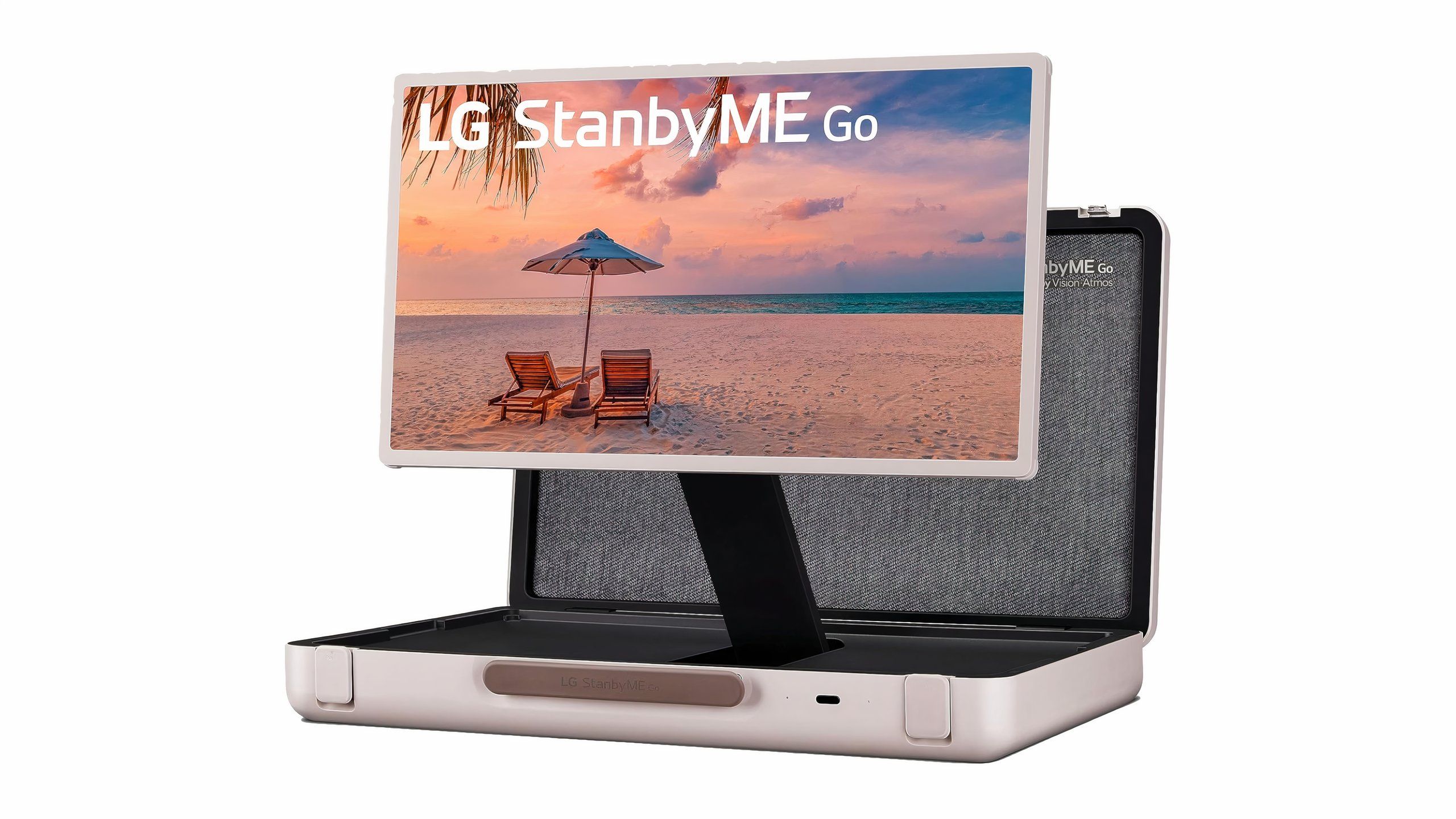 A TV extending out of a silver suitcase on a black mount.