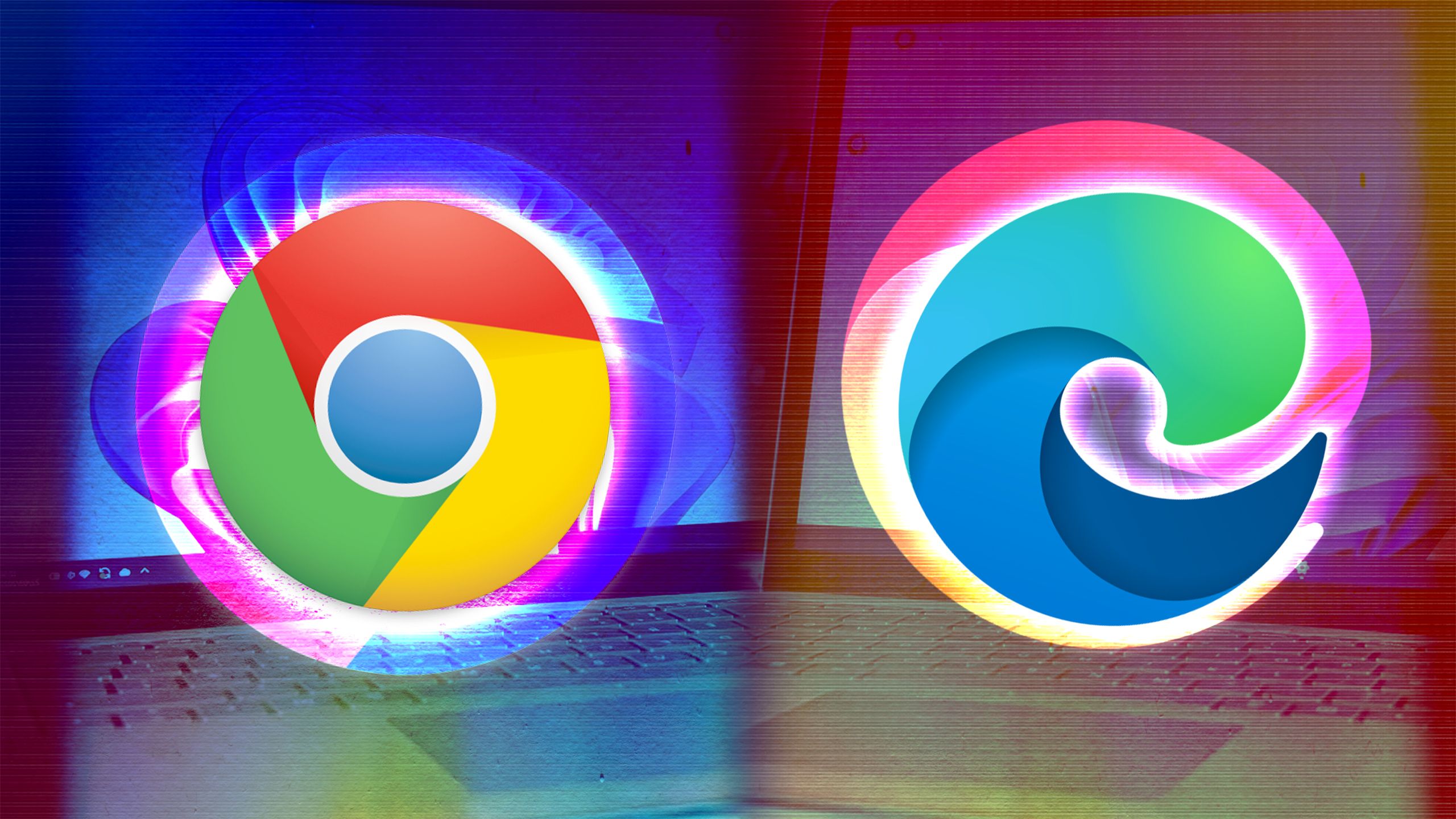 The Chrome and Edge icons side by side in front of laptops. 