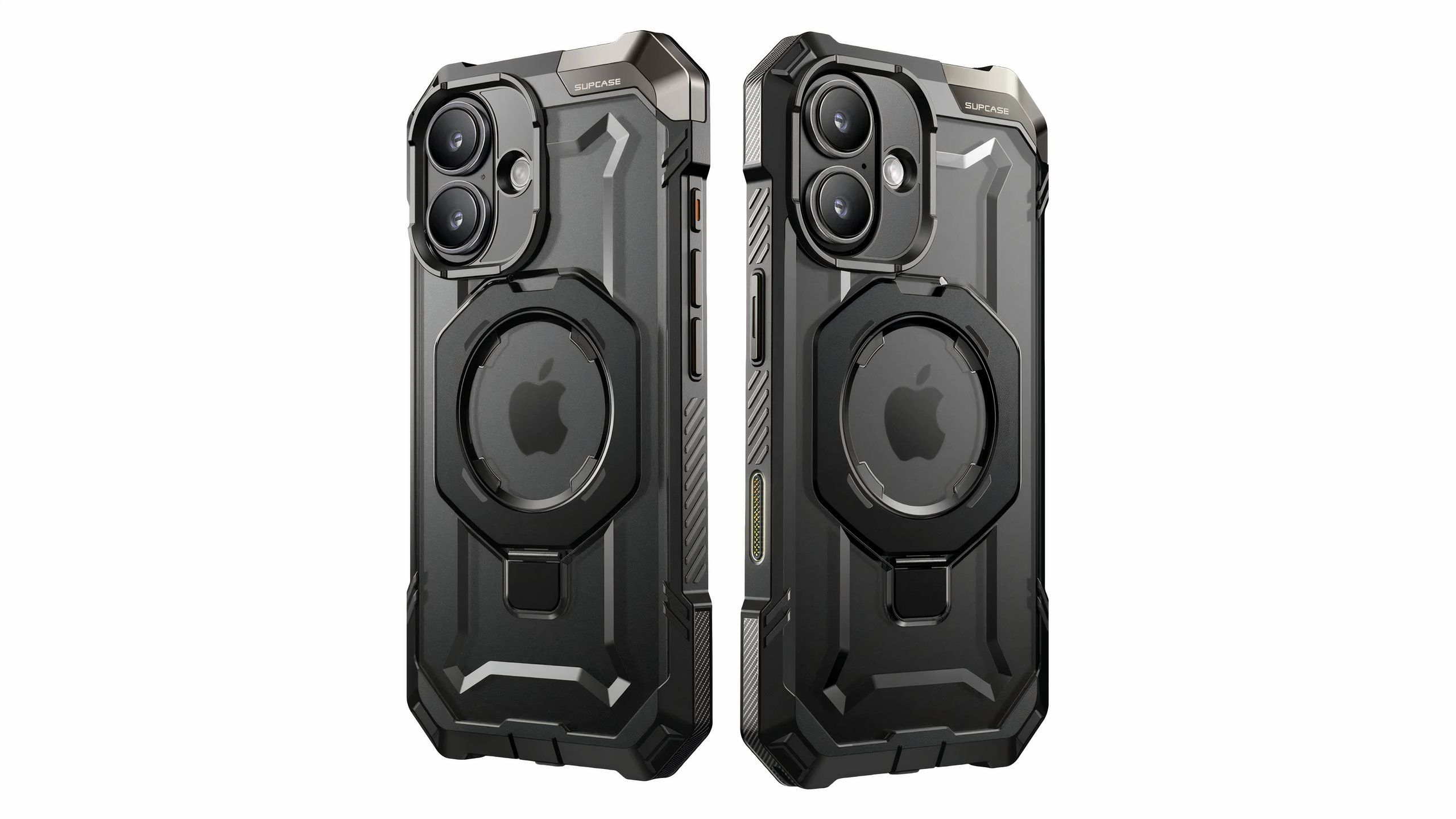 Two iPhones in rugged black phone cases.