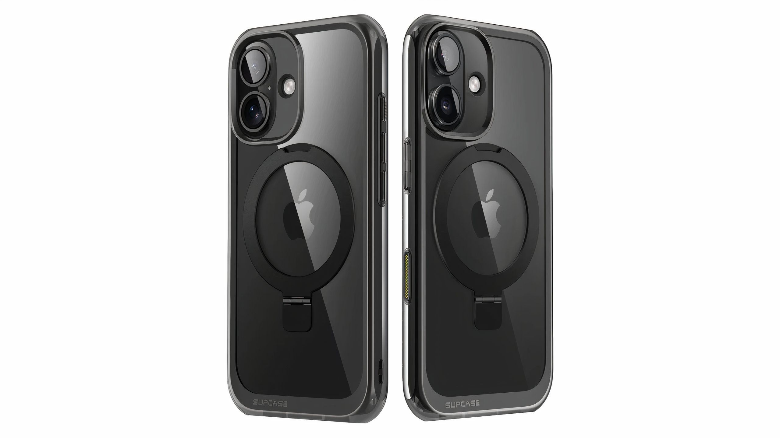 Two iPhone 16s in a glossy black phone case with a MagSafe ring on the back.