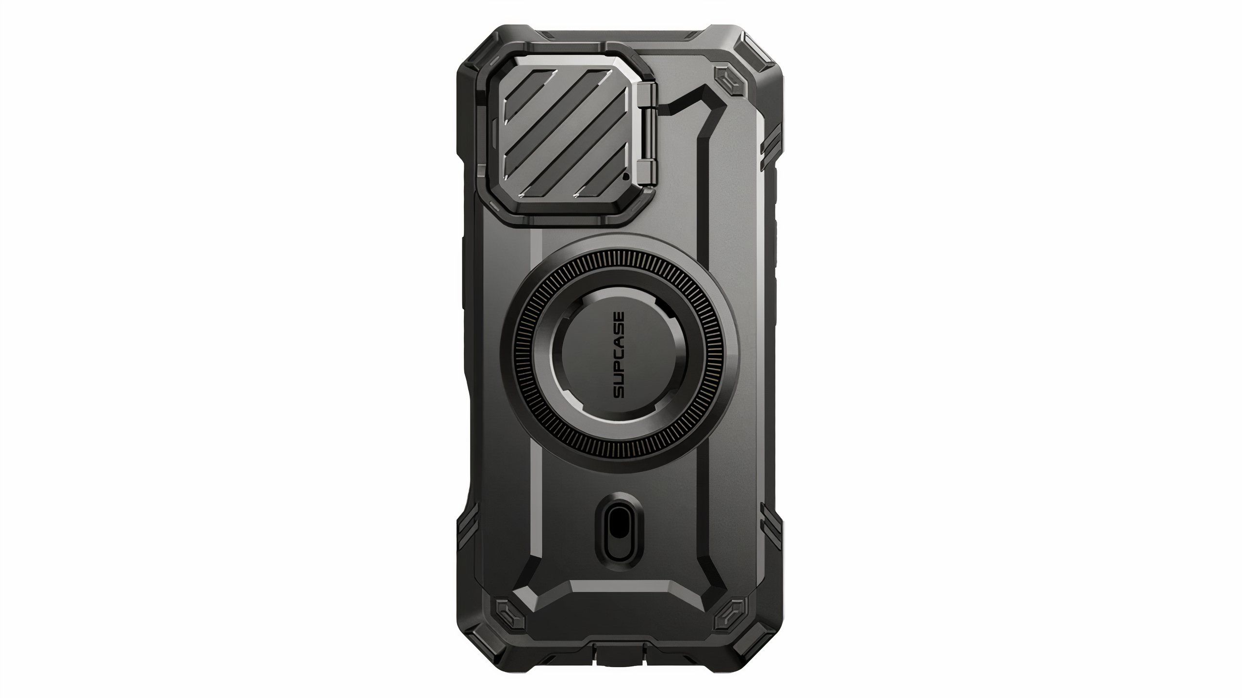 A rugged, ridged, black iPhone 16 Pro case.