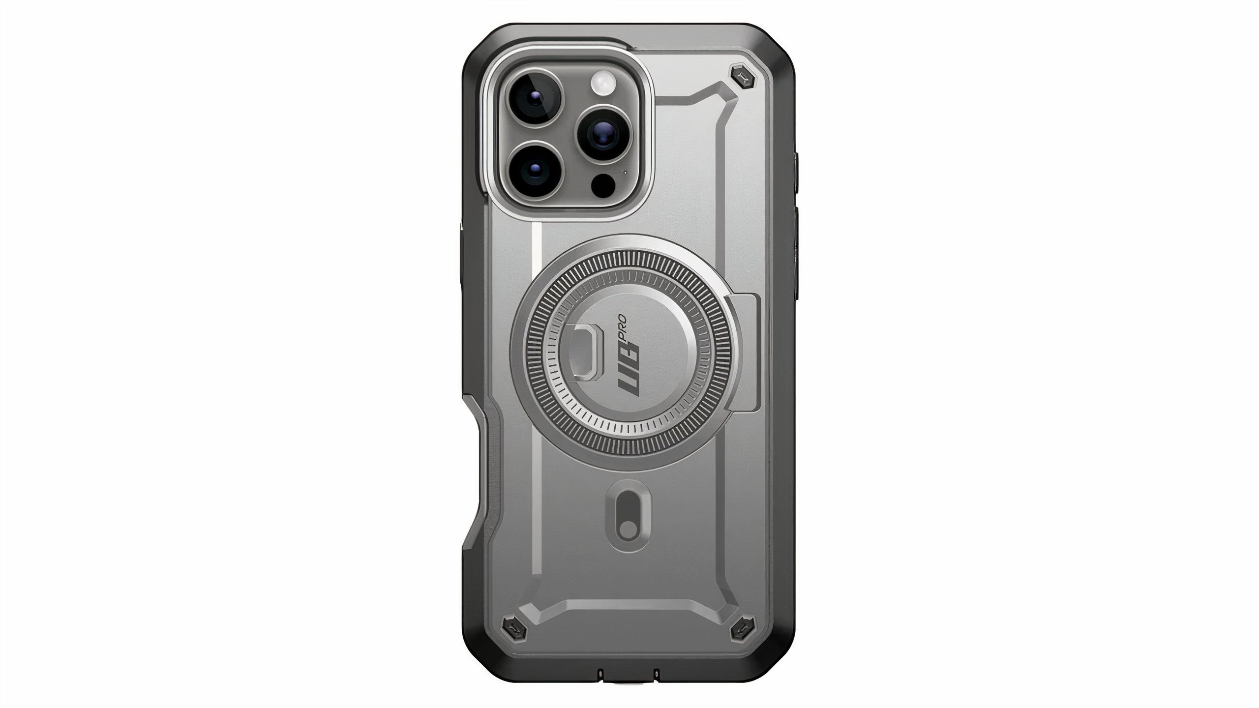 A gray iPhone 16 Pro Max case with a ridged MagSafe ring on the back.