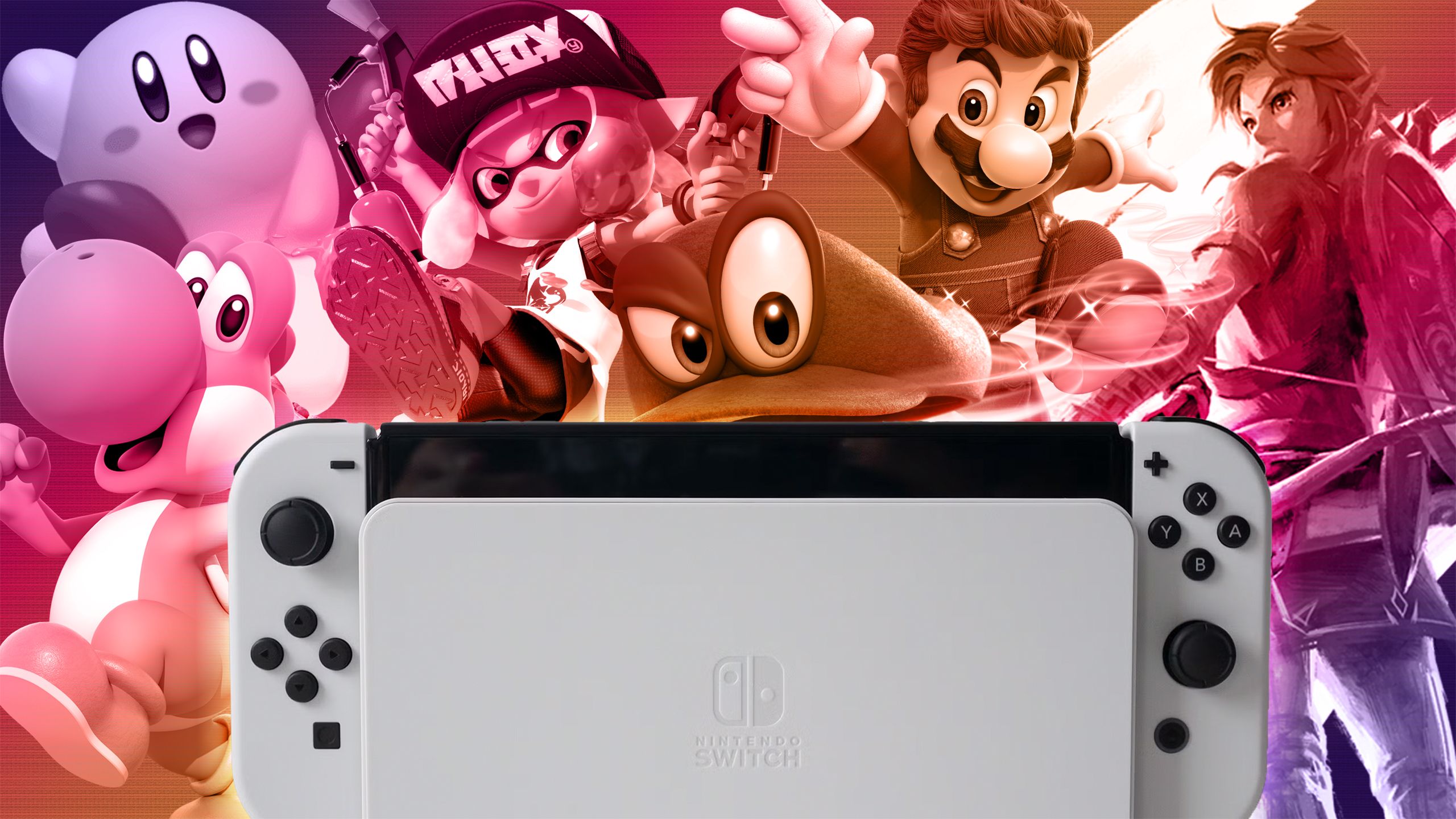 A Nintendo Switch in front of Nintendo characters. 