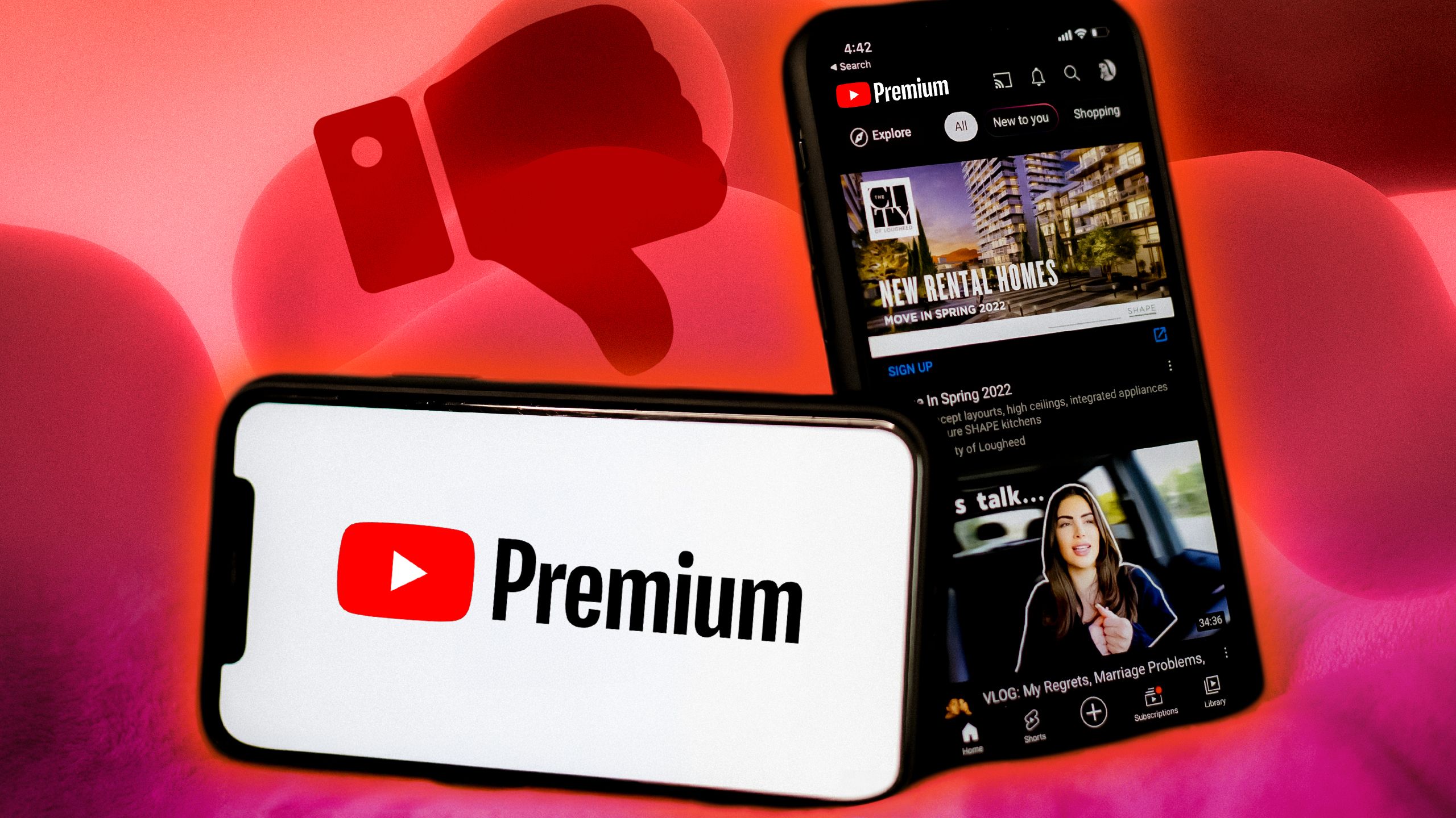 YouTube Premium on a landscape and portrait phone. 