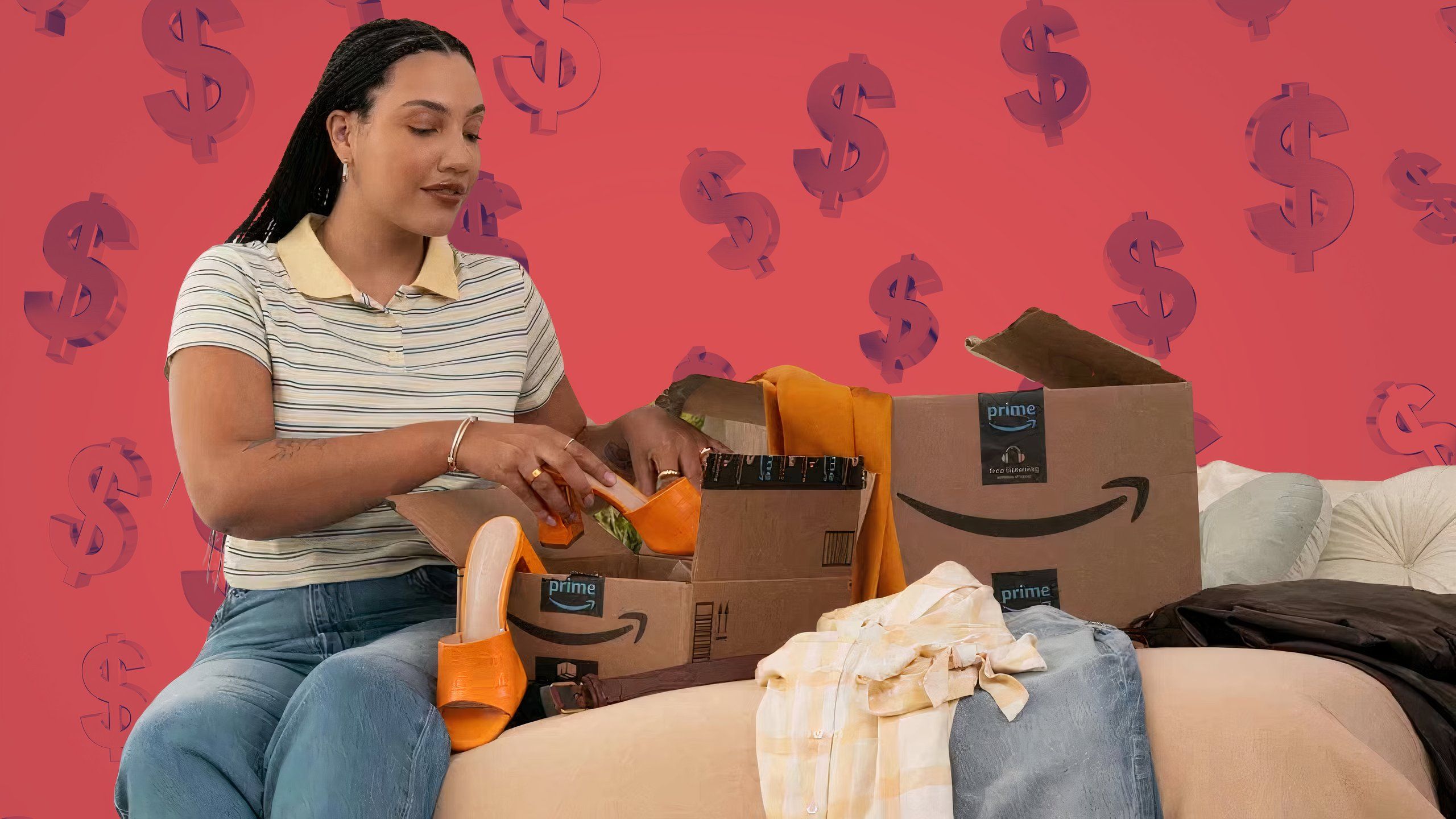 A woman opening an Amazon box in front of a background of red money signs.