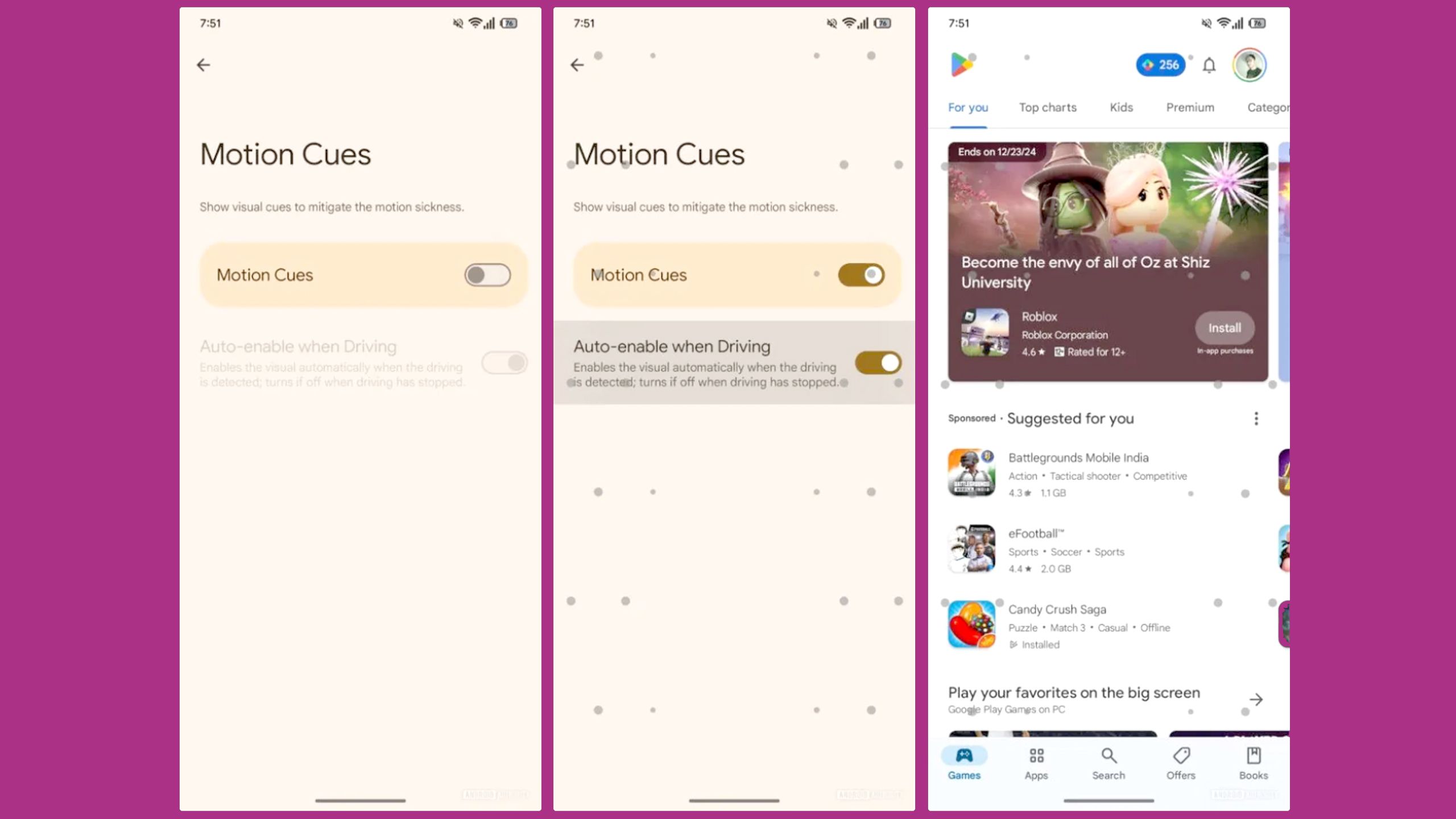 Beta screenshots of Android's Motion Cues feature.