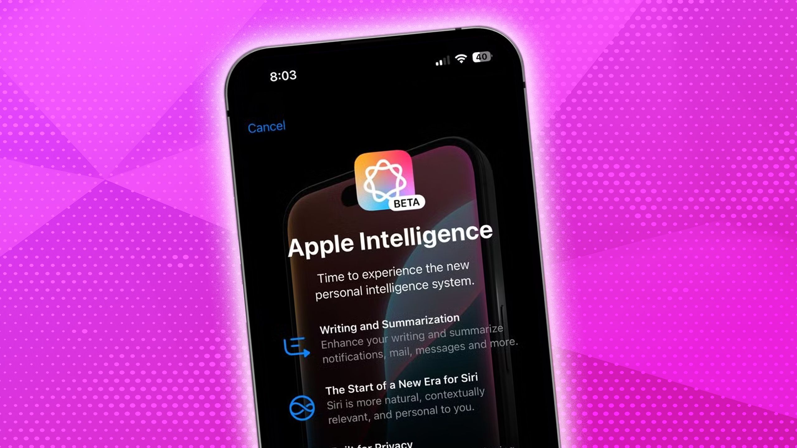 An Apple Intelligence feature splash on an iPhone.