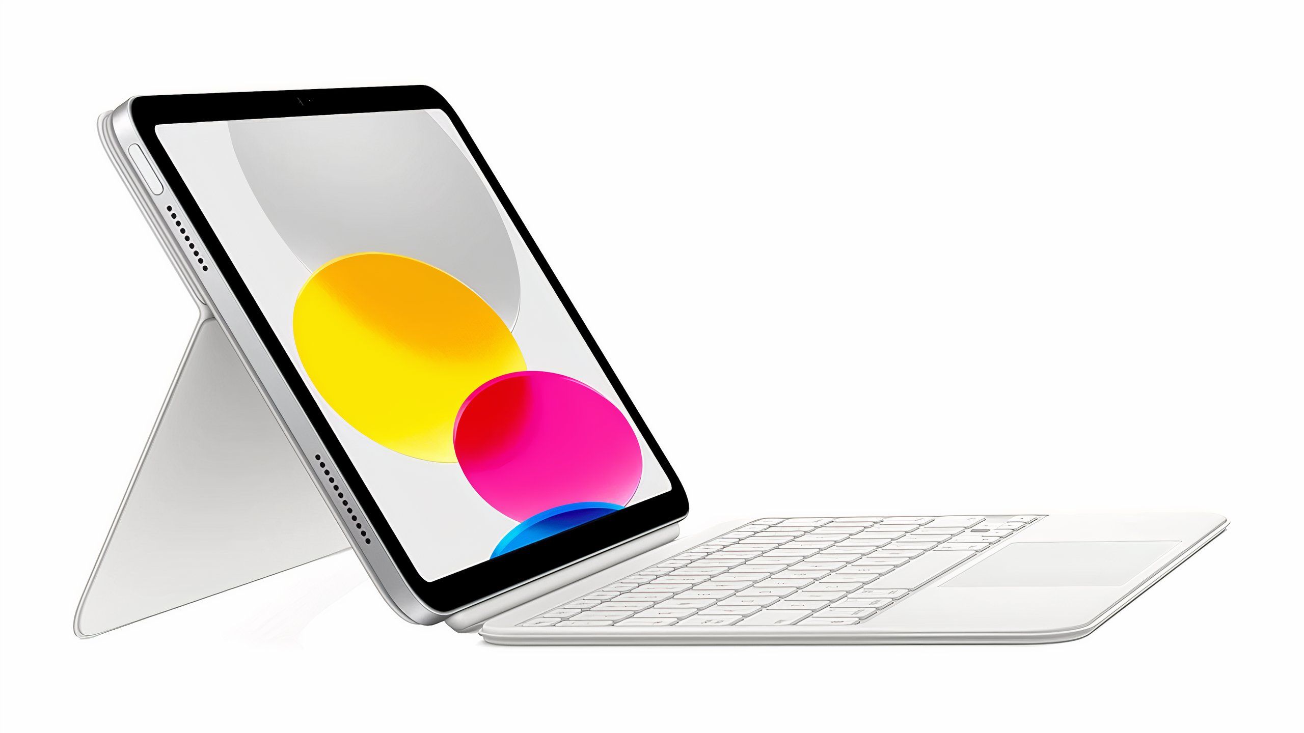     iPad de 10,9 polegadas com suporte branco e teclado com trackpad.