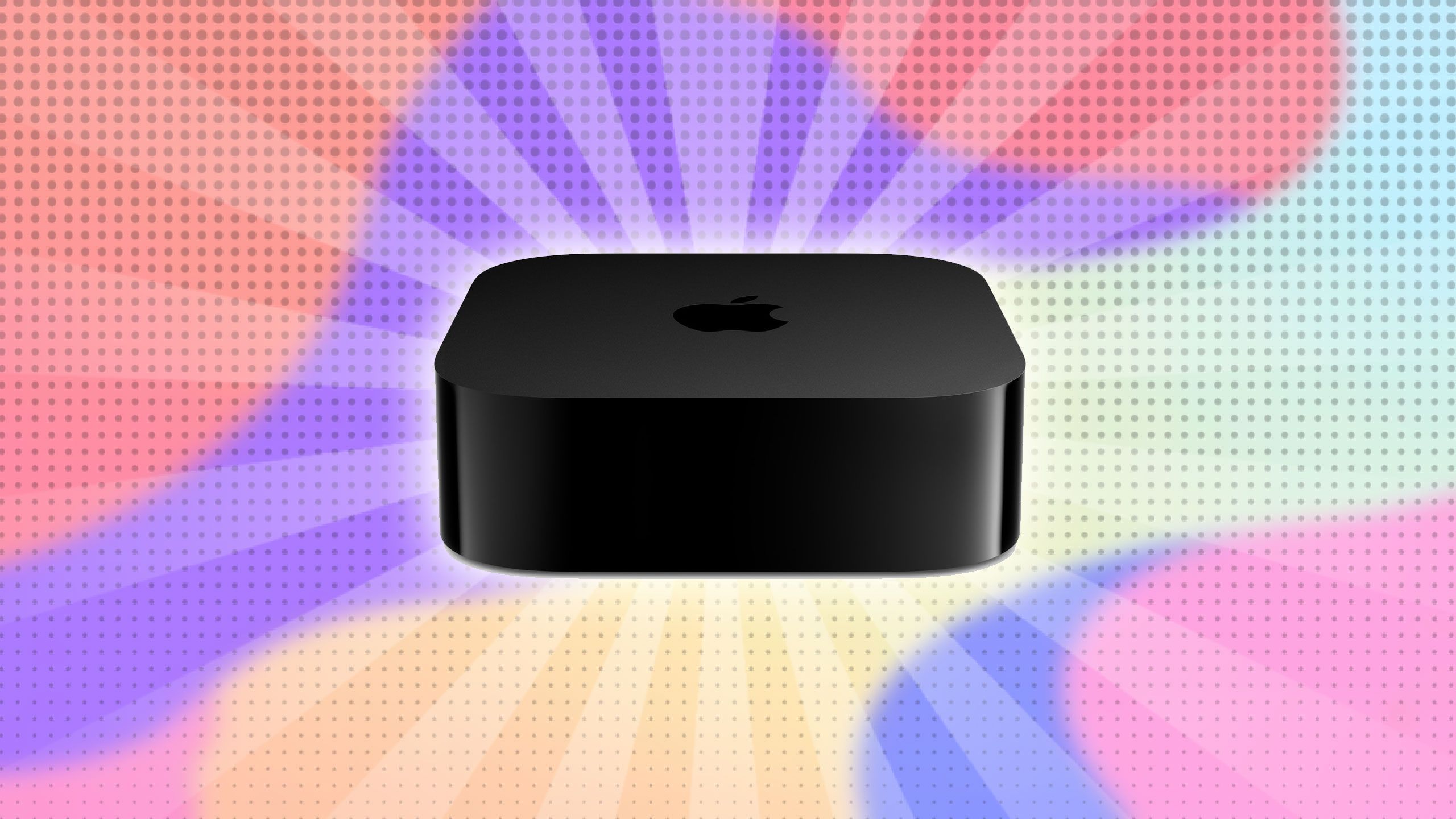 Apple tv 4k 4th generation against a rainbow background. 