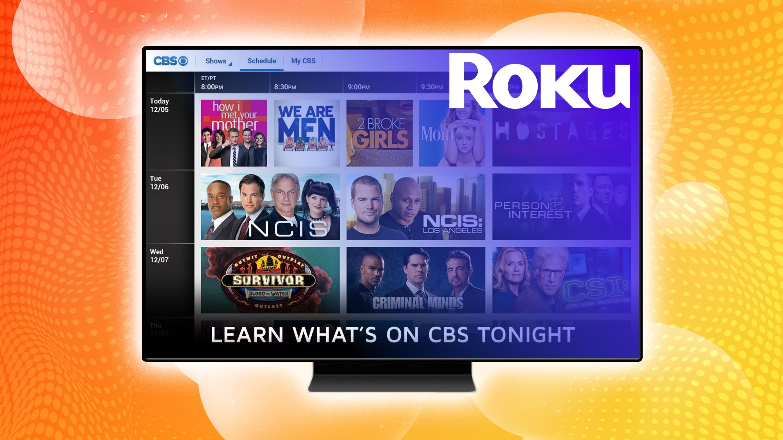 CBS on a rendering of Roku on a TV. 