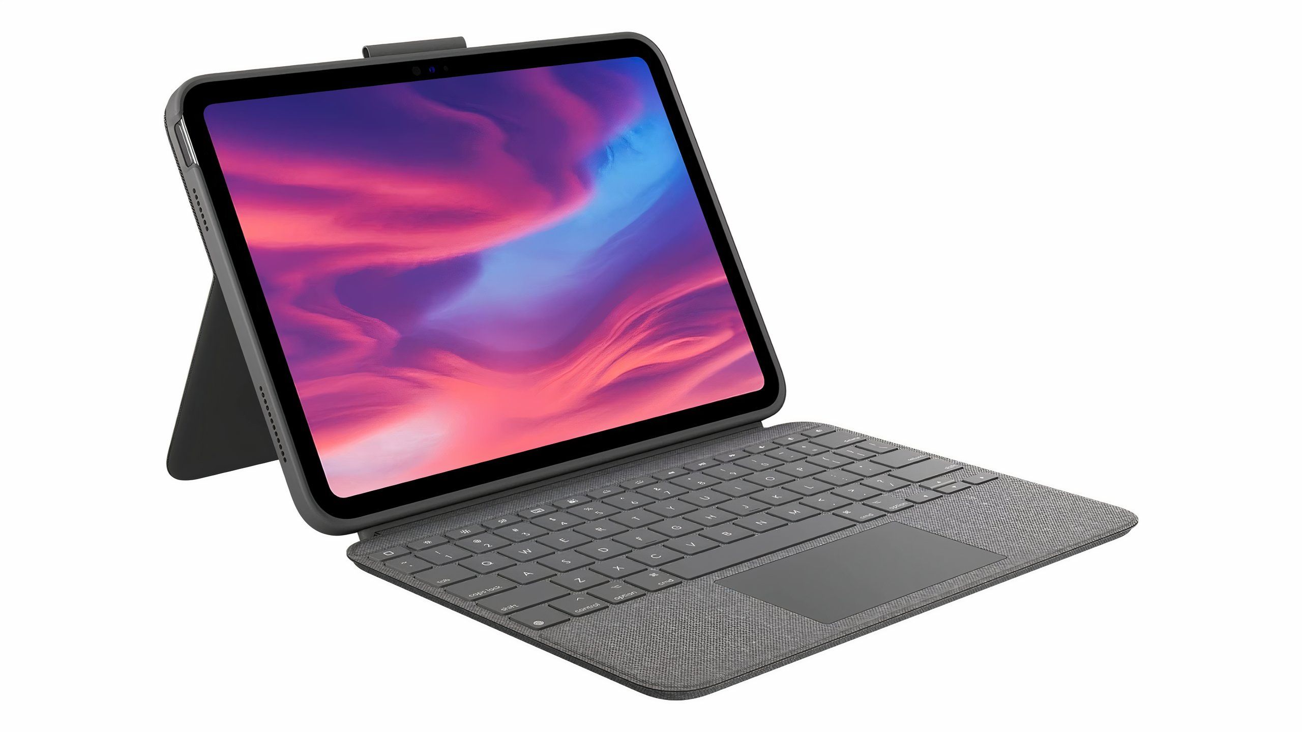 Um iPad de 10ª geração em uma caixa de teclado Logitech cinza com suporte.