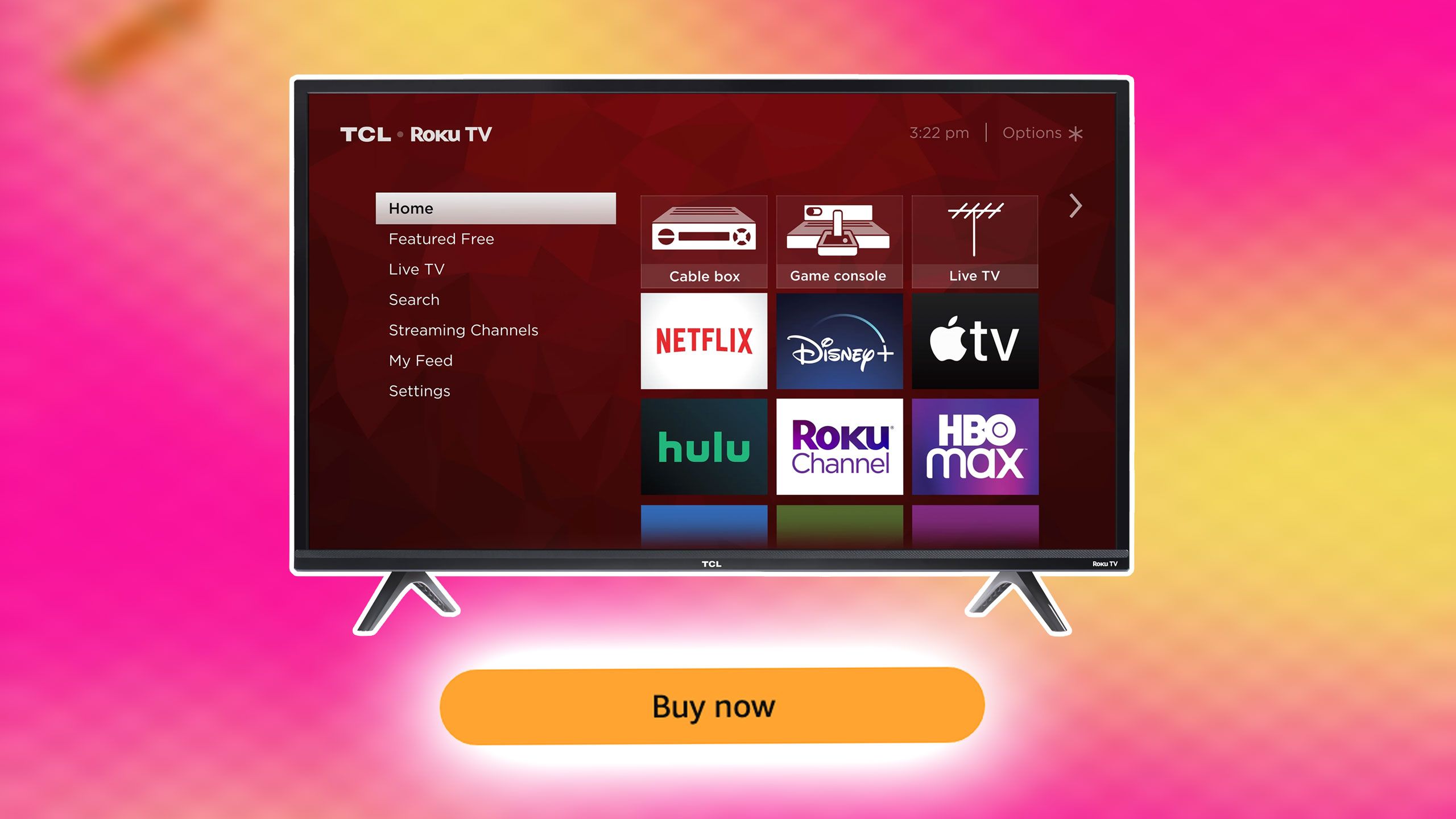 A TCL Roku TV with a Buy Now button below it. 