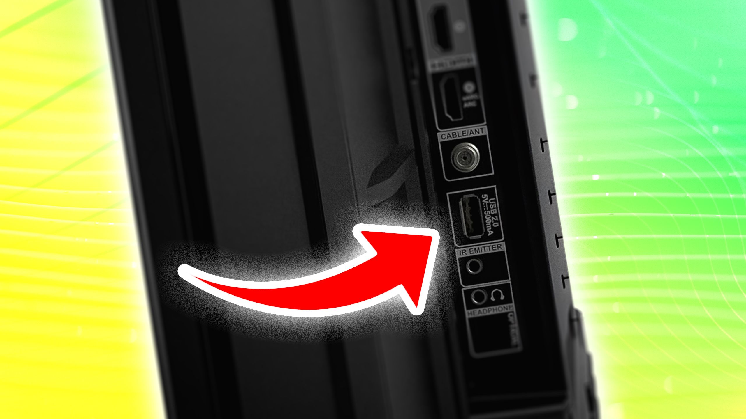 A red arrow pointing to a USB port on a TV. 