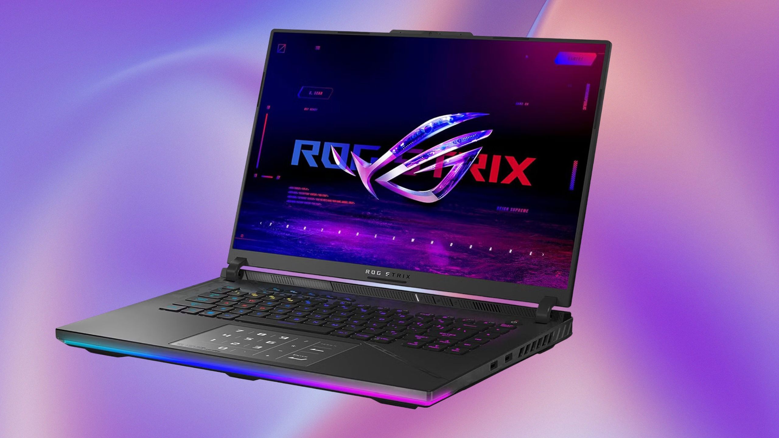 Asus ROG Strix Scar 16 on a purple backdrop. 