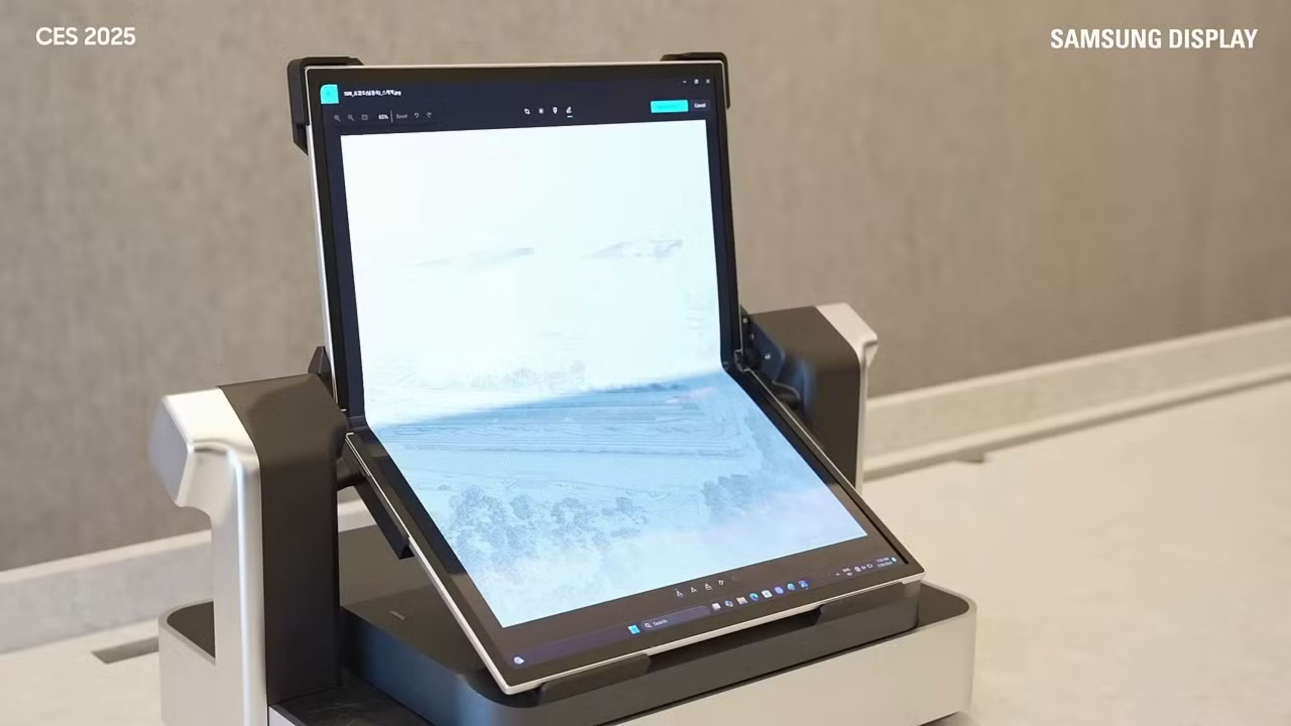 A Samsung folding OLED tablet half closed. 