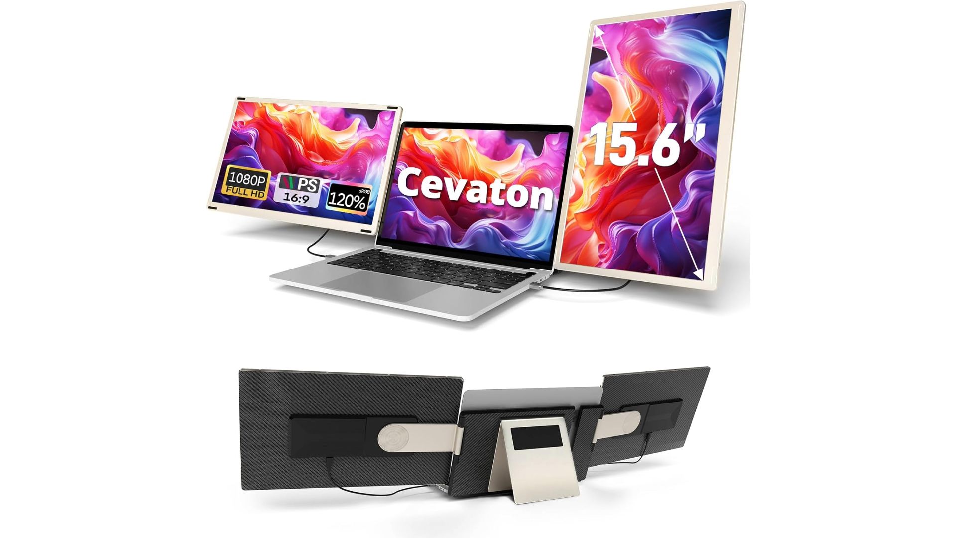 An image of the Cevaton S6 portable monitor kit, pictured from the front on the top image, and from the back on the bottom image.