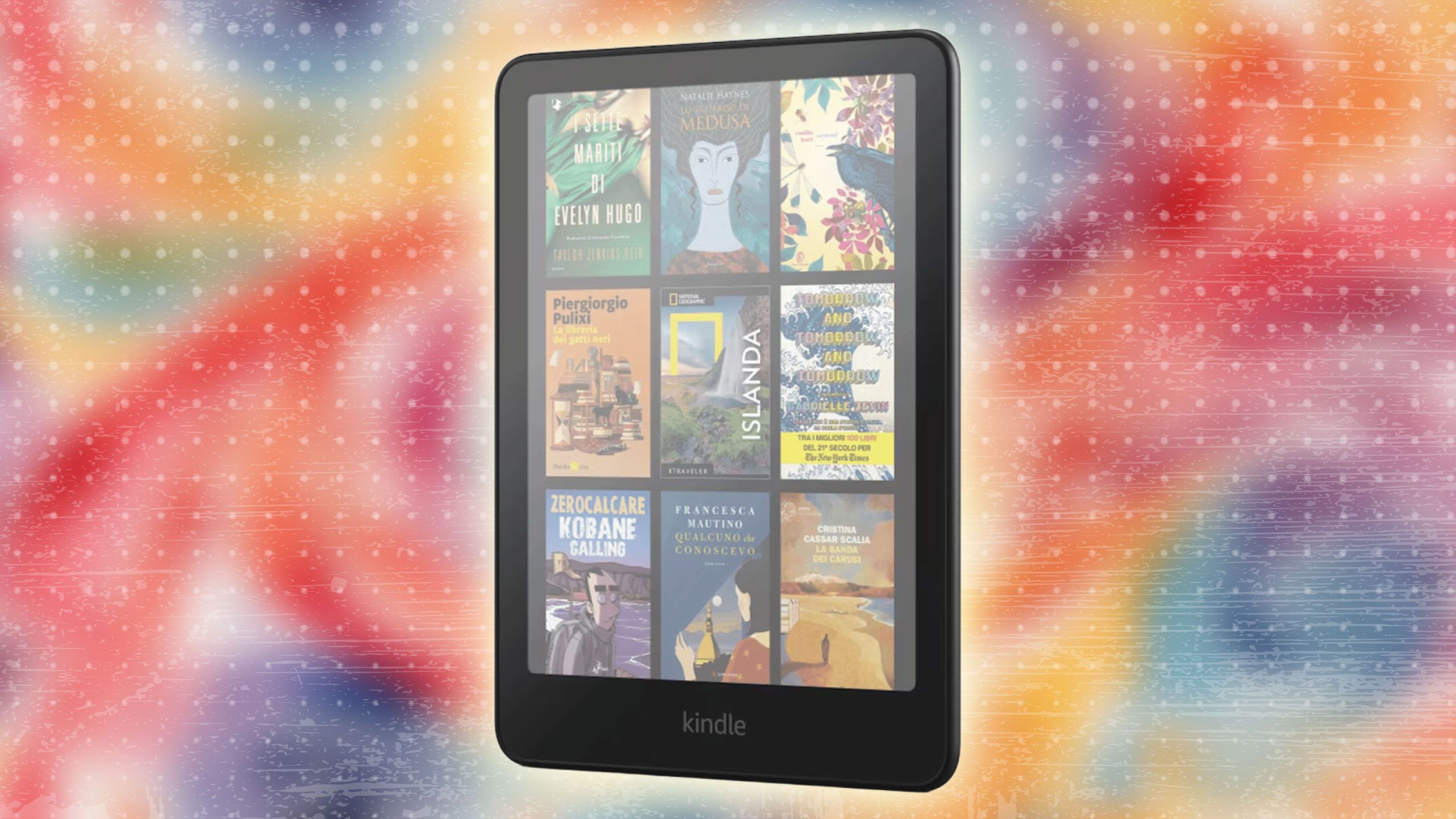 A render of the Kindle Colorsoft on a textured background.