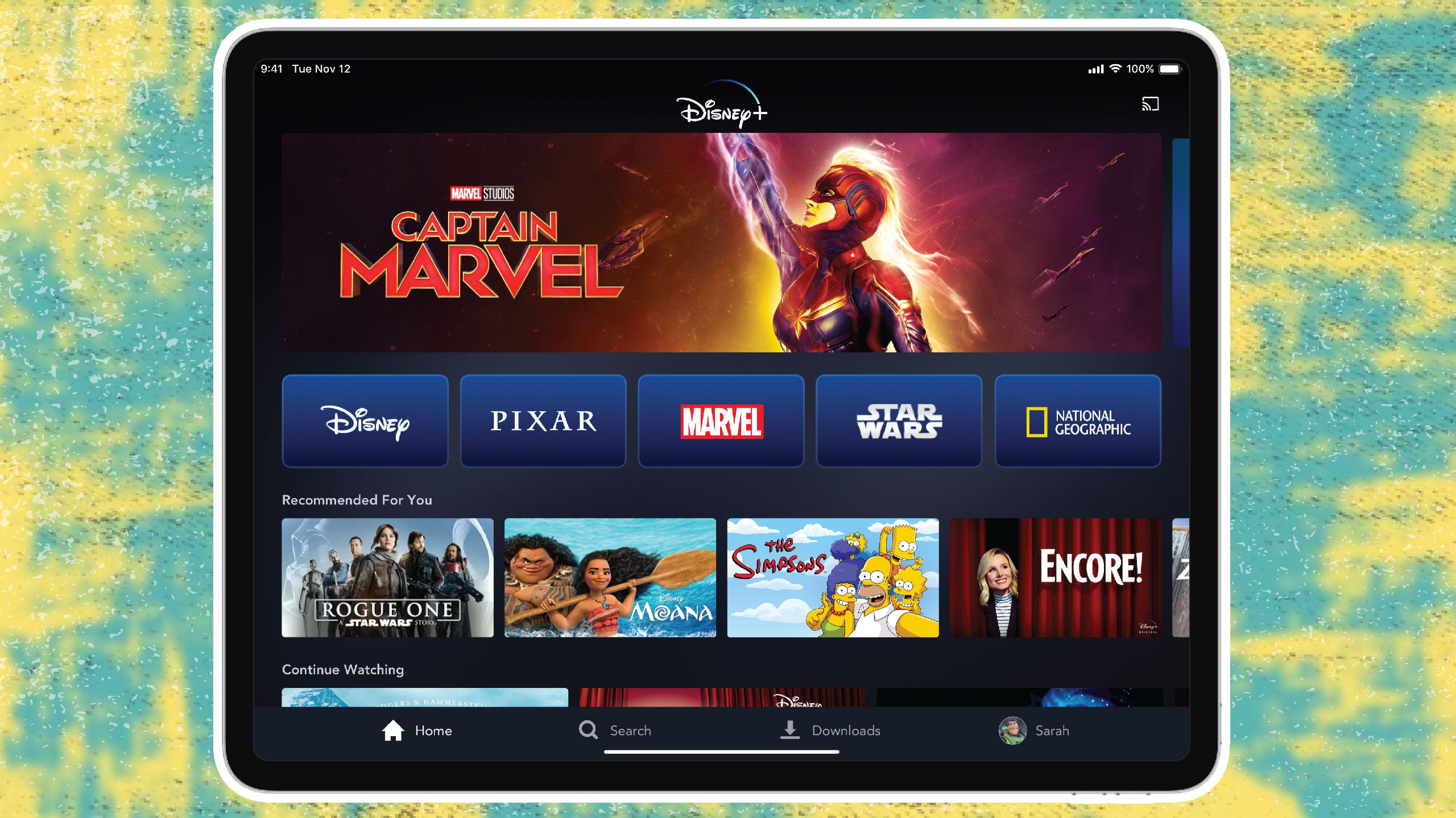 Disney Plus on a tablet rendering showing Captain Marvel. 