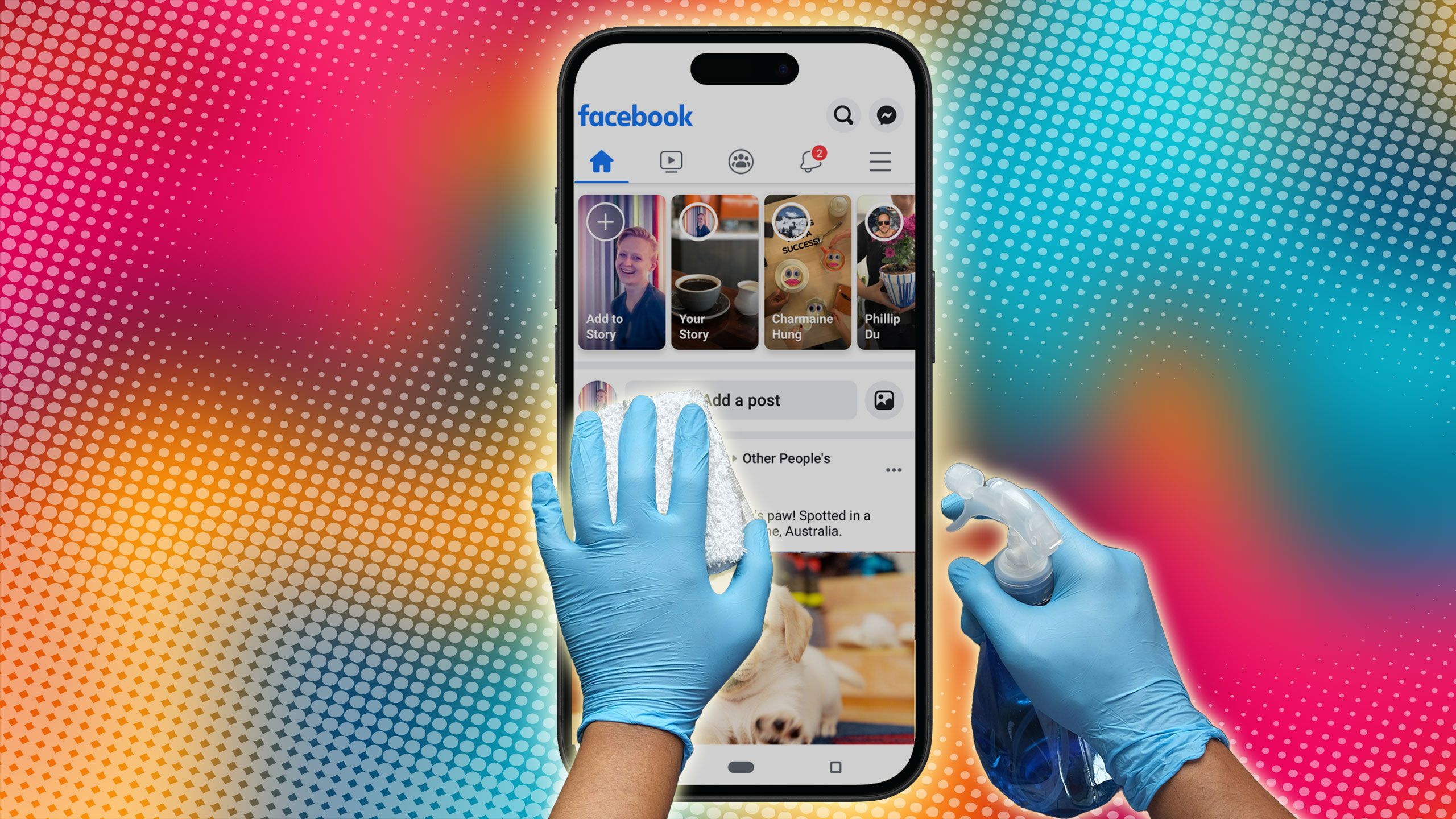 A person scrubbing a phone screen with gloves and cleaner. 