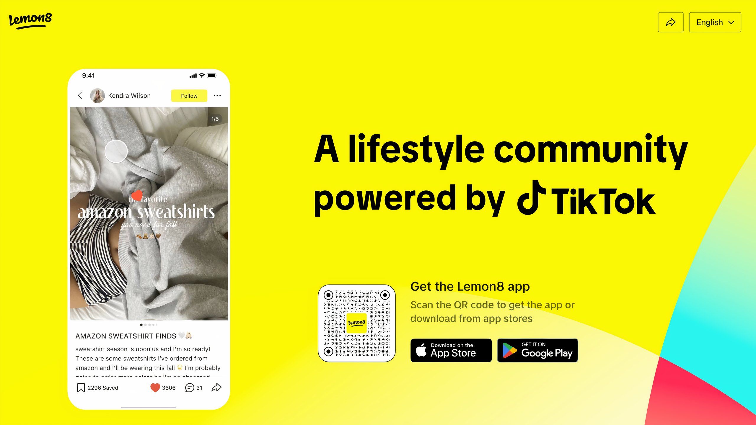 The yellow, Lemon8 webpage describing the app as "A lifestyle community powered by TikTok."