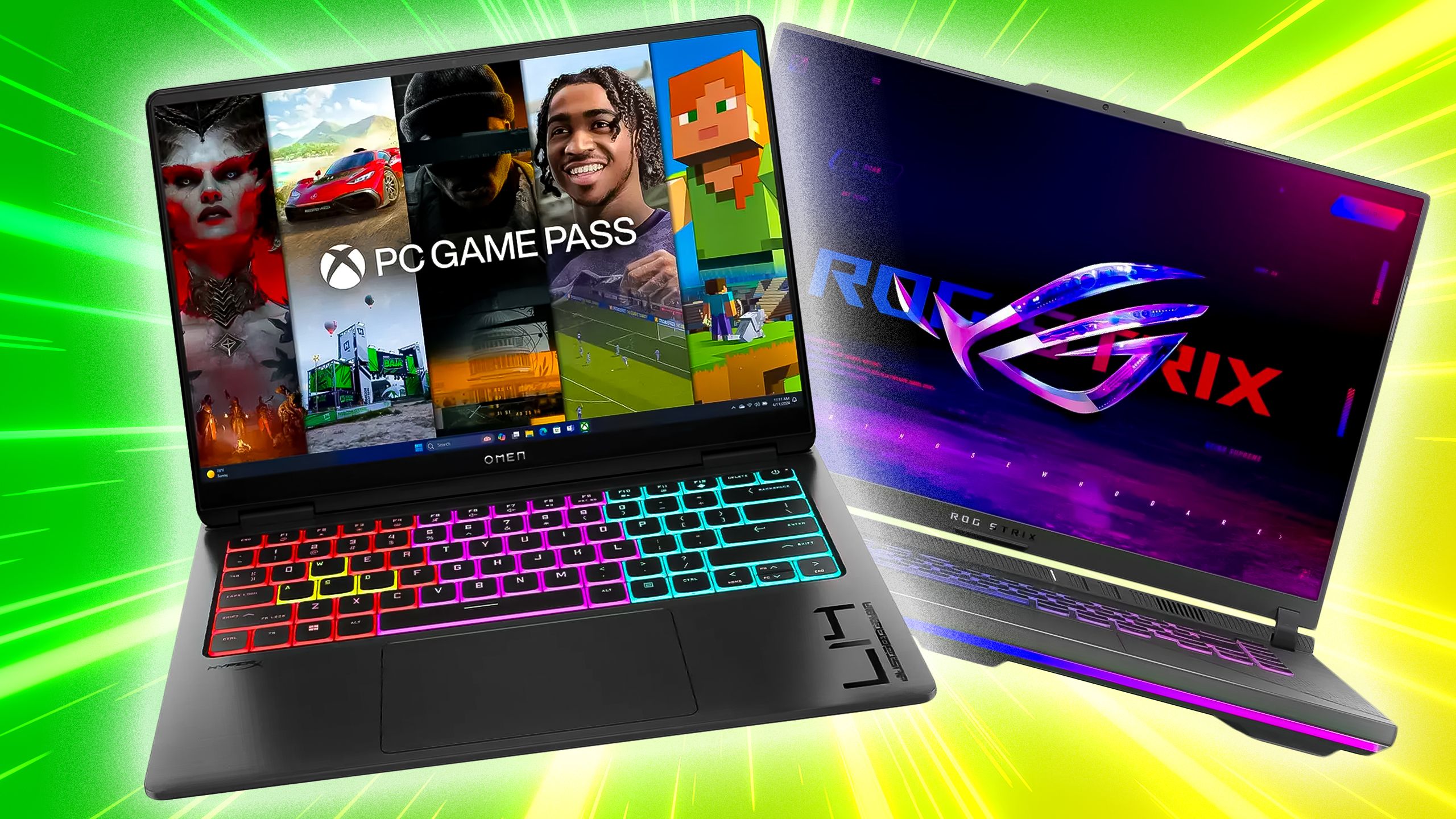 A pair of gaming laptops, one showing Xbox PC Game Pass.