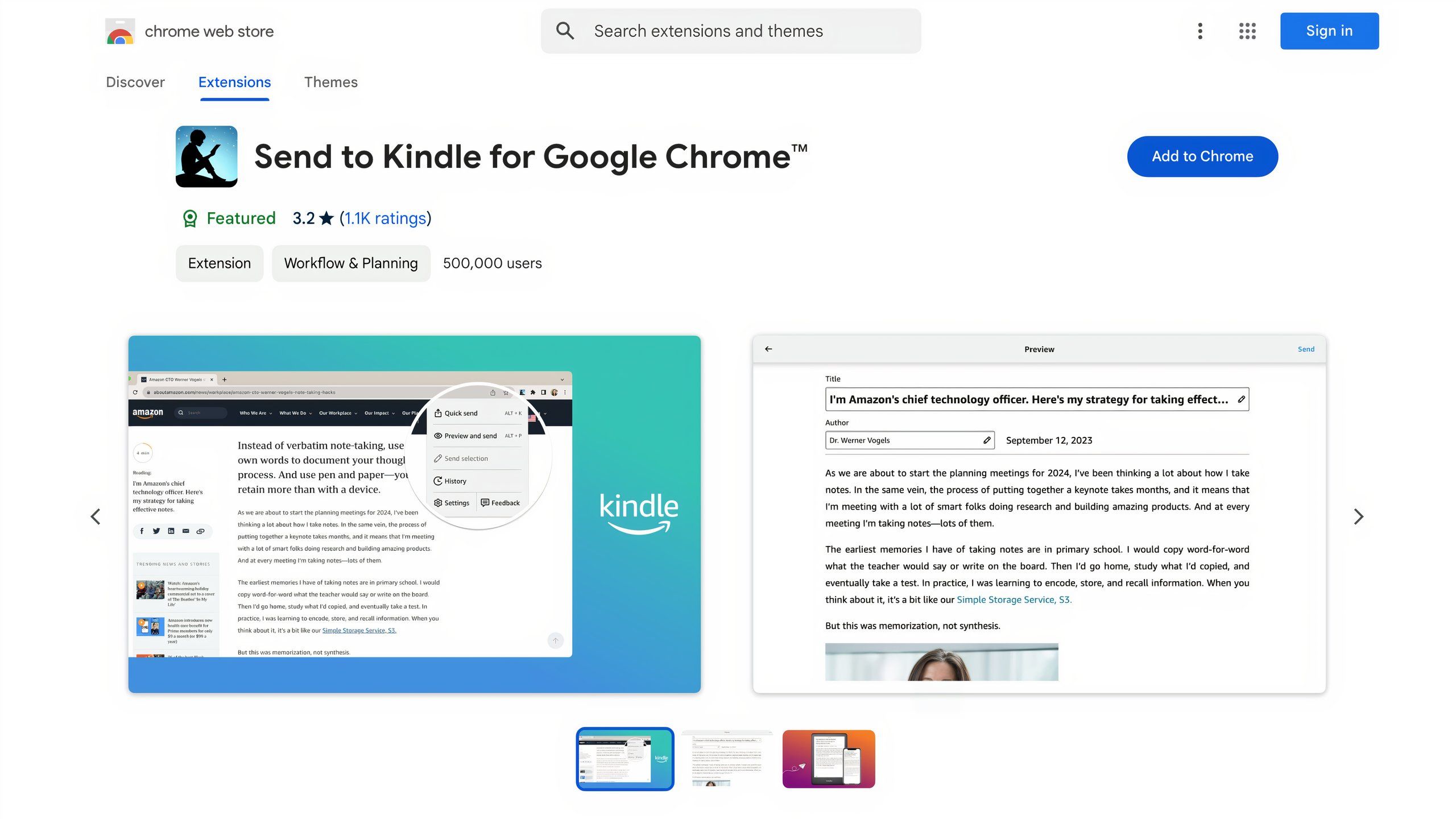 A screenshot of the Chrome Web Store showing the Send to Kindle extension.