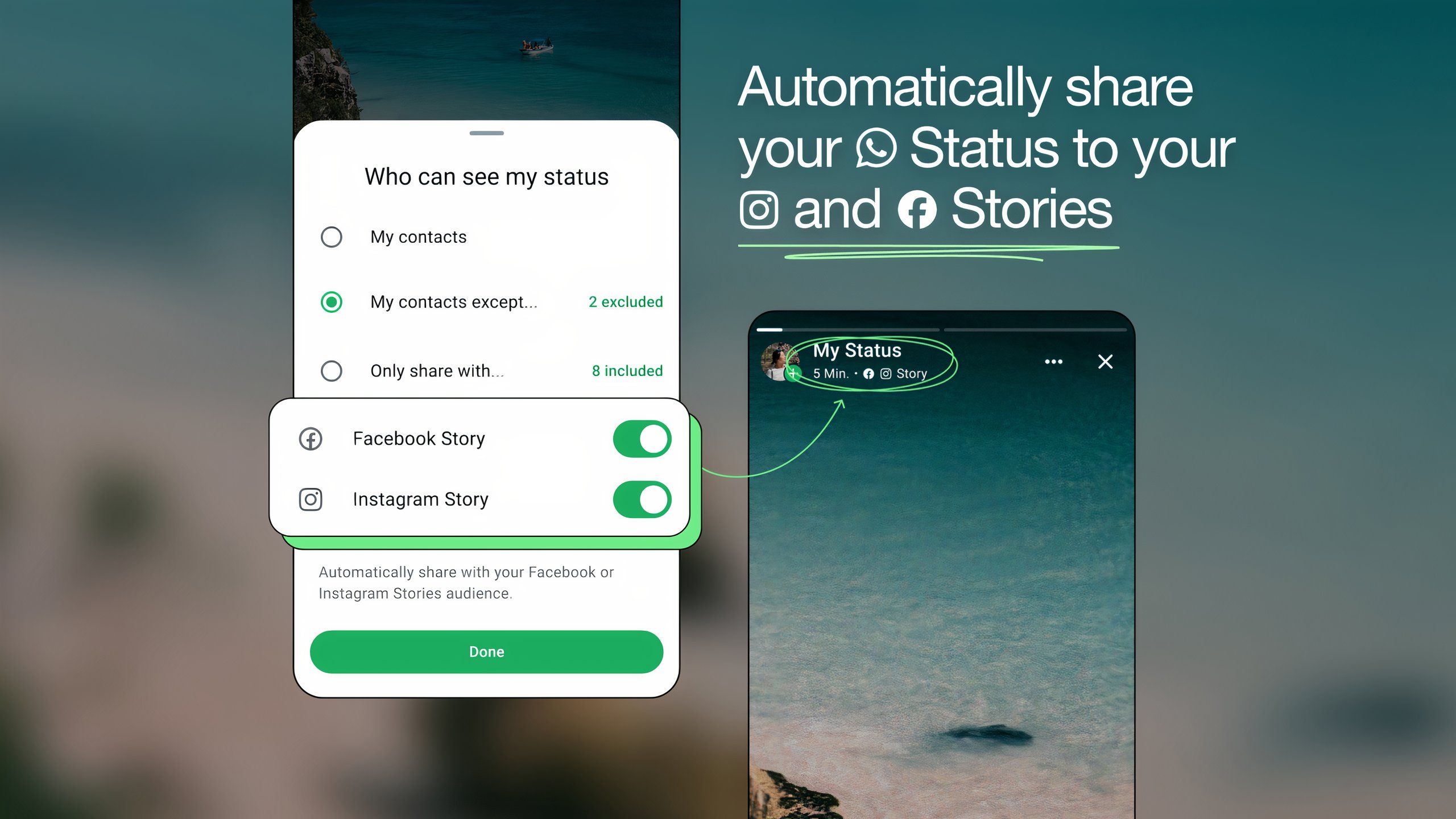 An image of how to enable sharing your status on WhatsApp, Facebook, and Instagram at the same time.