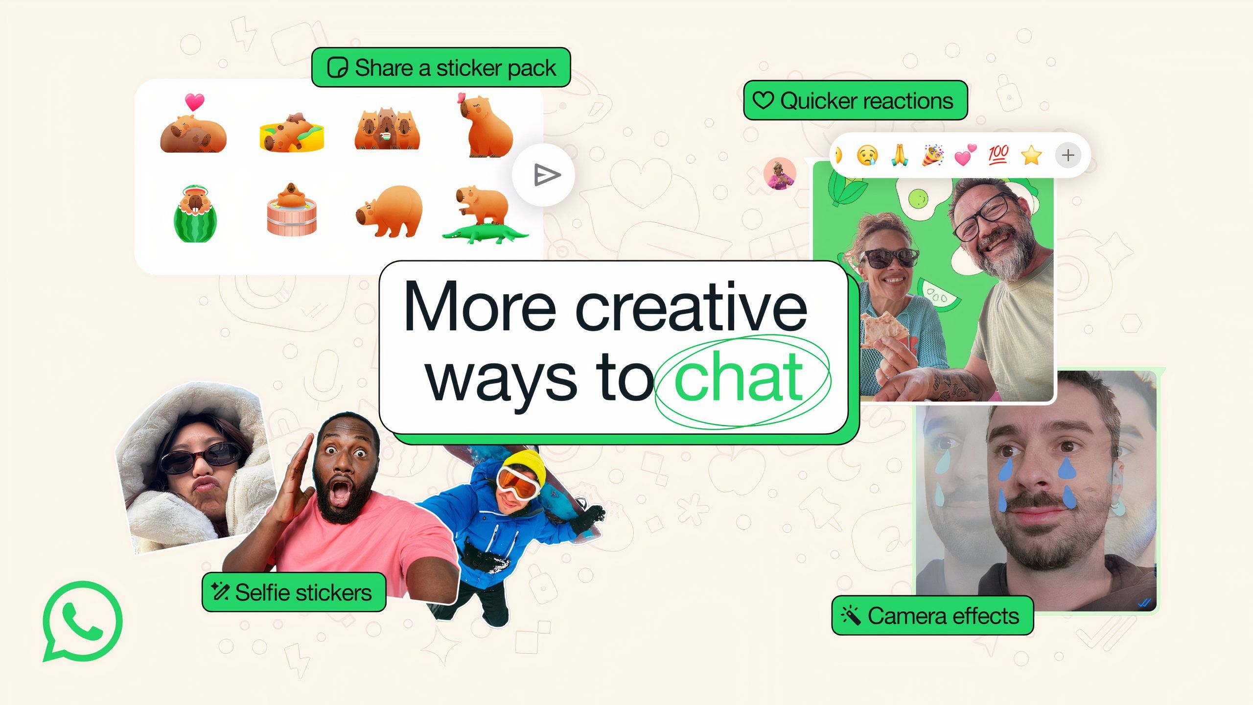 The stickers, reactions, and camera effects collaged from the new WhatsApp update.