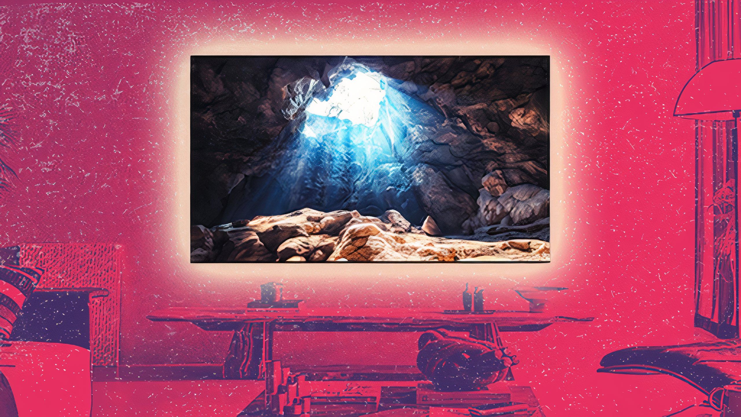 A TV featuring a cave with sunlight against a red room. 