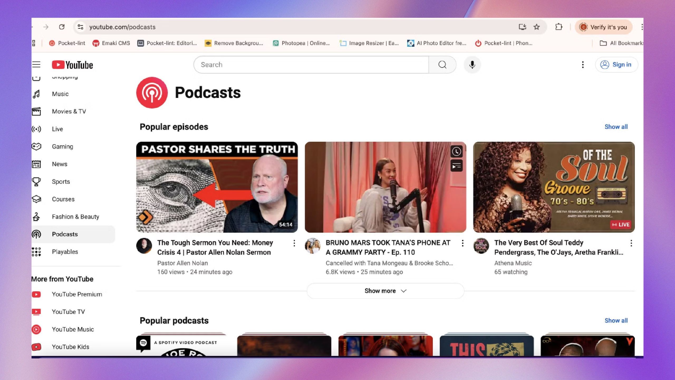 YouTube video podcasts page. 